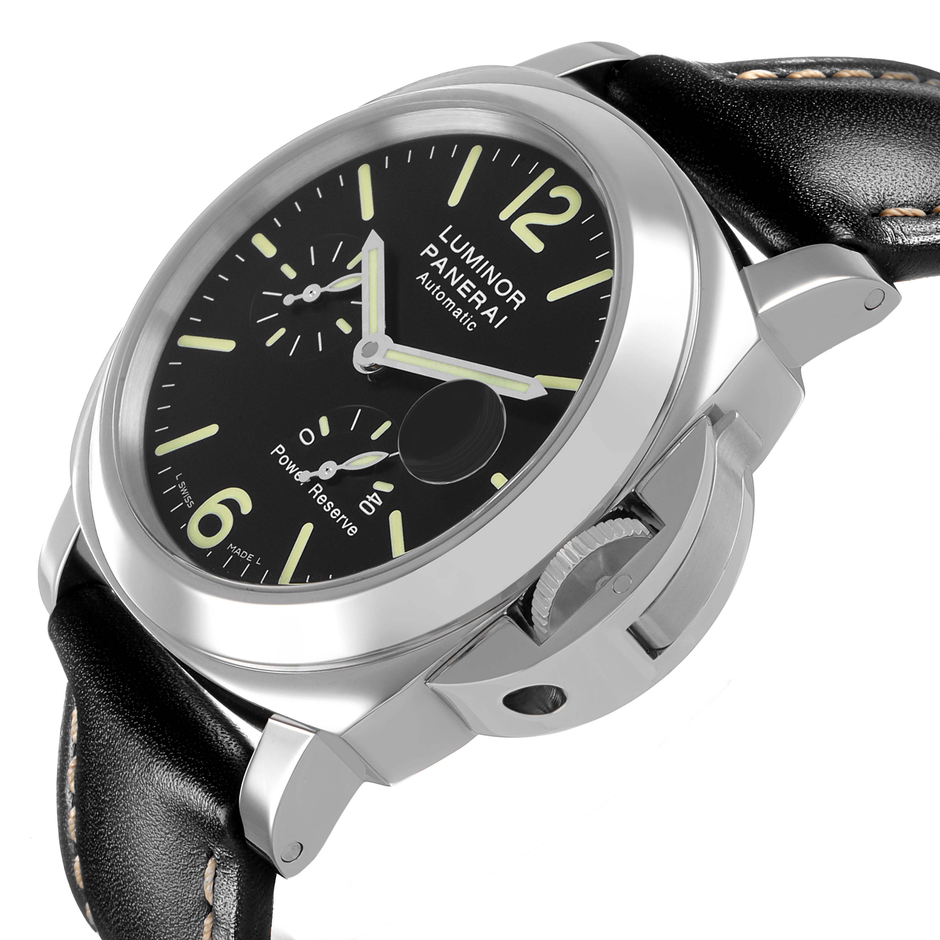 The Panerai Luminor PAM00090 Men's Stainless Steel Black Dial watch is shown at an oblique angle, highlighting the dial, crown guard, and leather strap.