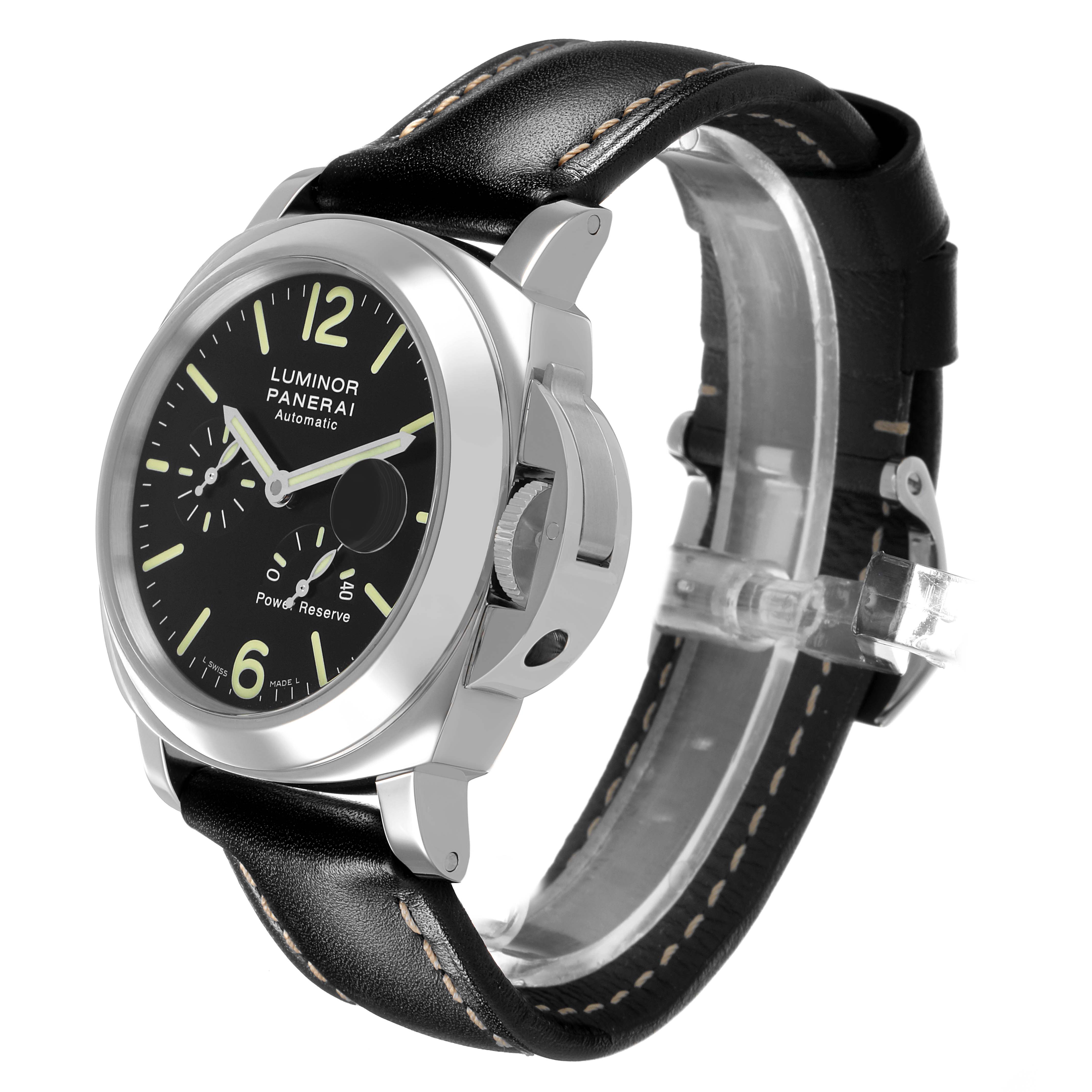 The Panerai Luminor PAM00090 Men's Stainless Steel Black Dial watch is shown at a slight angle, displaying the face, crown guard, and black leather strap.