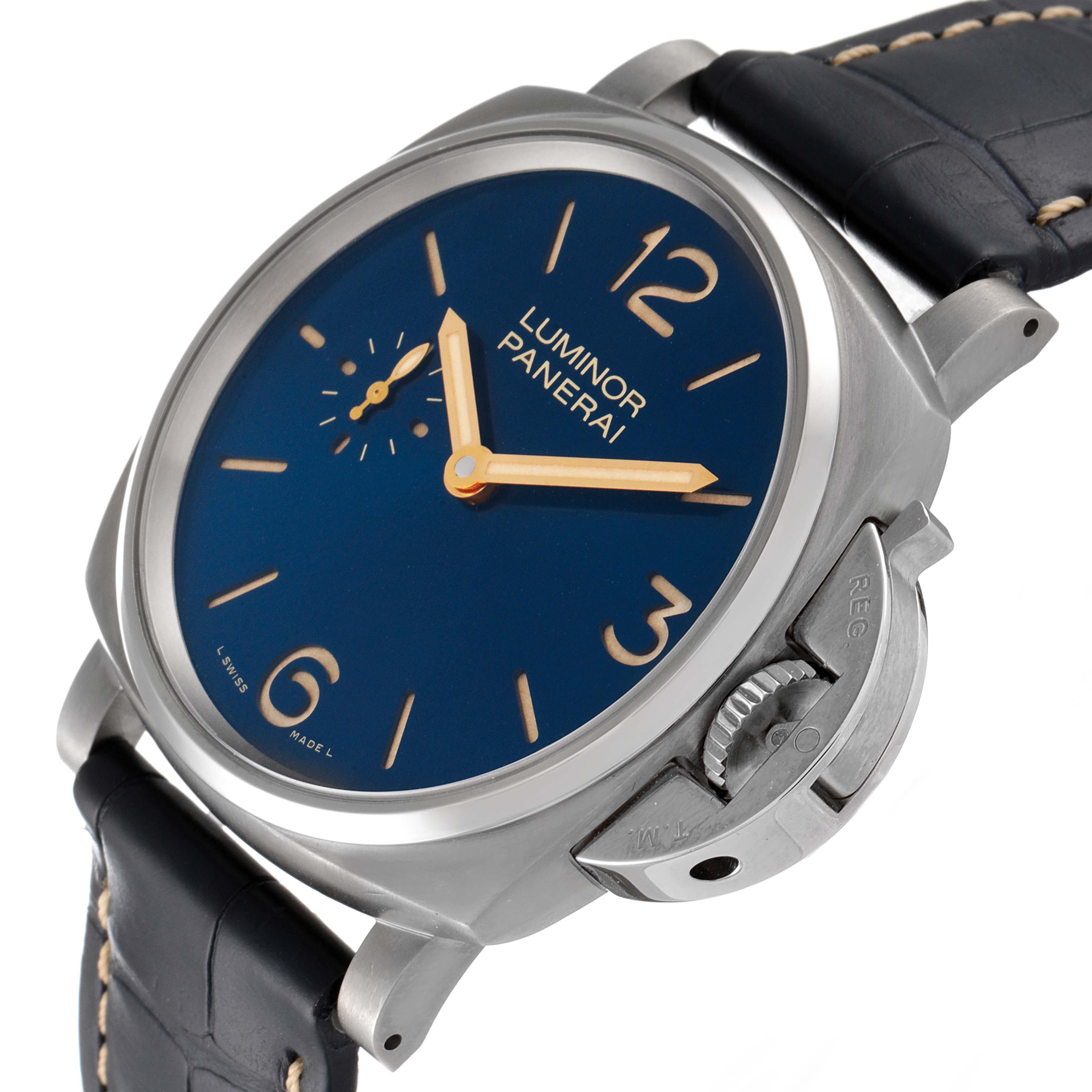 This image depicts a Panerai Luminor Due PAM00728 Men's Titanium Blue Dial PAM00728 Men's Titanium Blue Dial watch with a blue dial, shown from a three-quarter angle, highlighting the crown guard and leather strap.