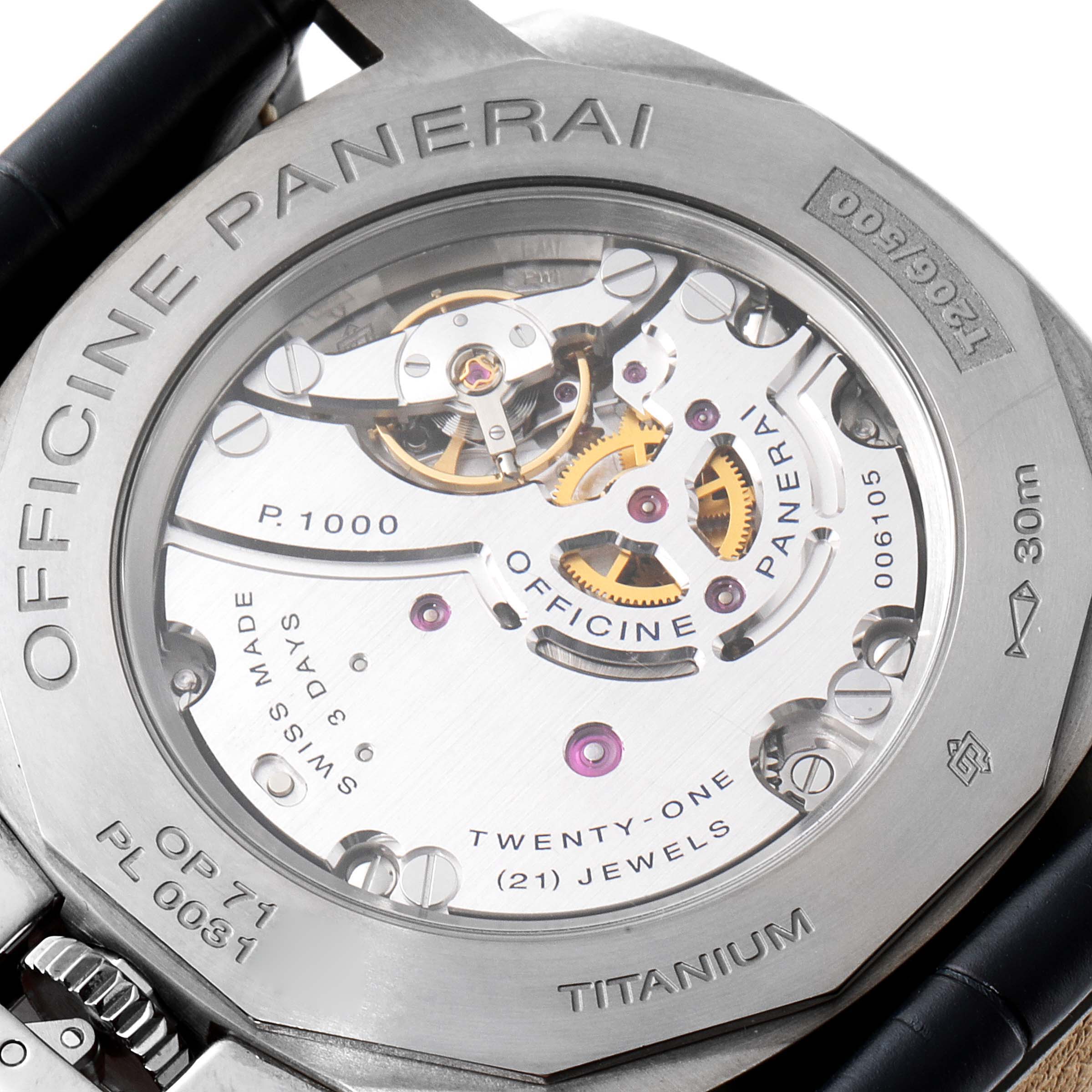 This image shows the back view of a Panerai Luminor Due PAM00728 Men's Titanium Blue Dial PAM00728 Men's Titanium Blue Dial watch, revealing its internal mechanical components and inscriptions.