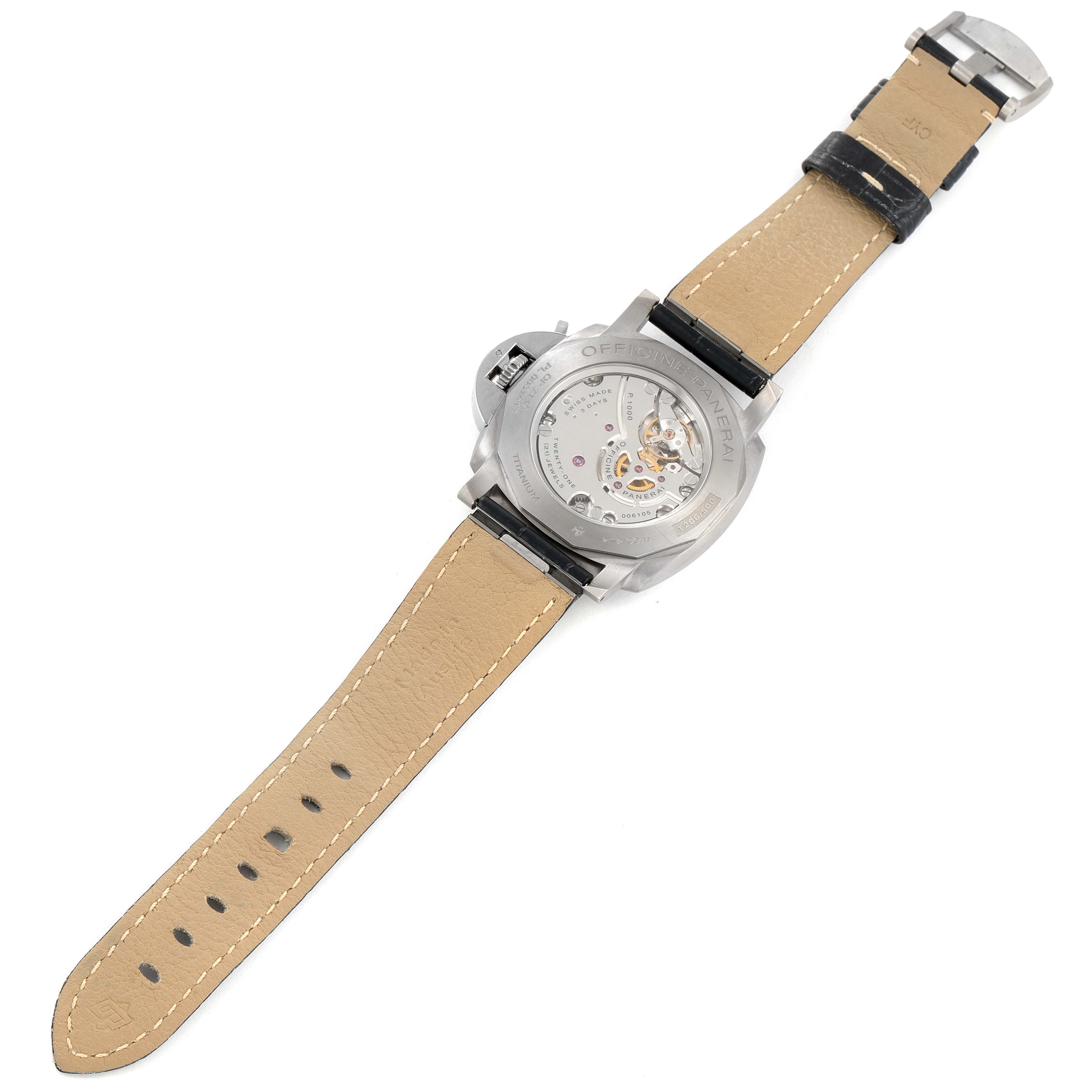 The image shows the back view of a Panerai Luminor Due PAM00728 Men's Titanium Blue Dial PAM00728 Men's Titanium Blue Dial watch, highlighting its open case back and movement.