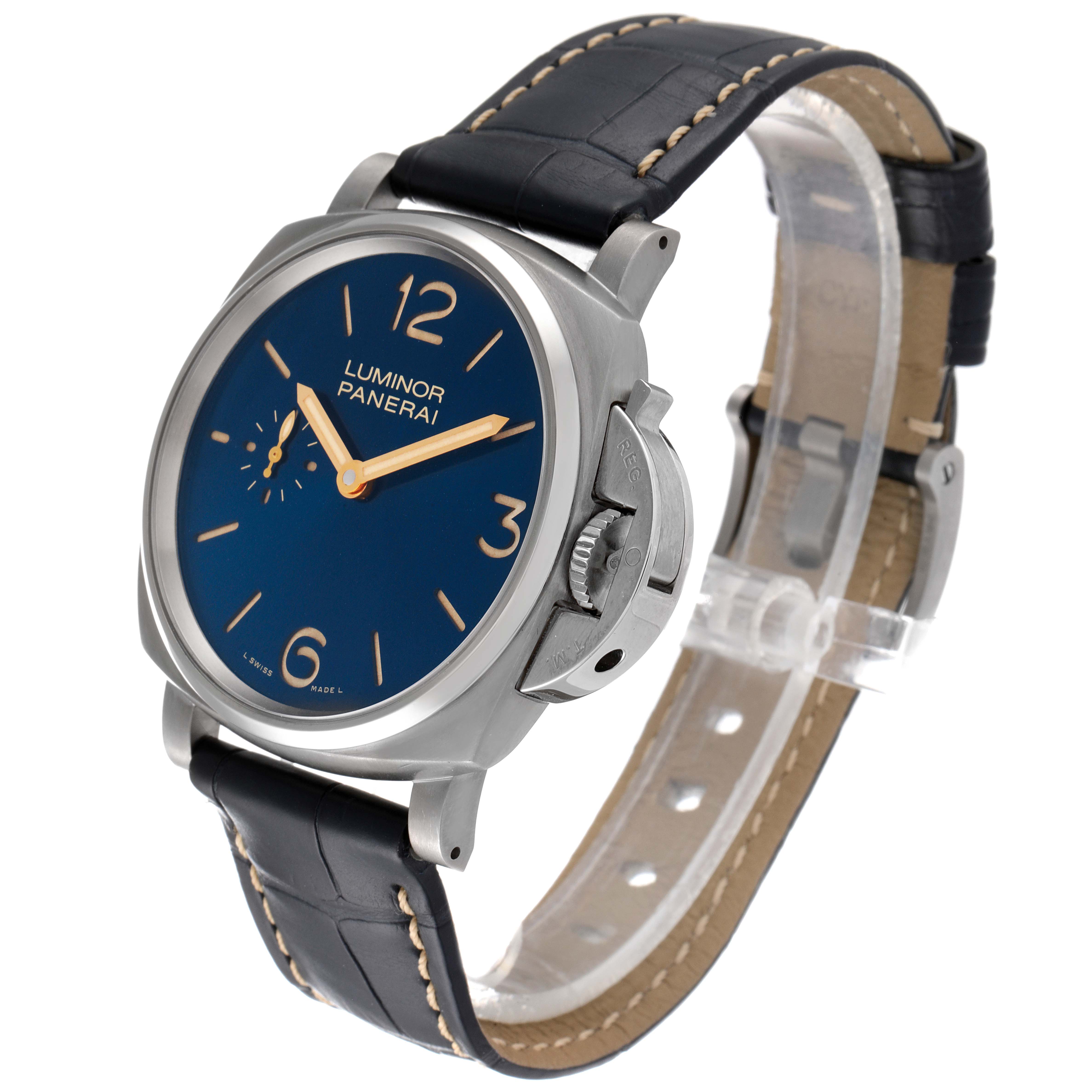 This image shows a Panerai Luminor Due PAM00728 Men's Titanium Blue Dial PAM00728 Men's Titanium Blue Dial watch from an angled side view, highlighting the dial, case, crown, and leather strap.