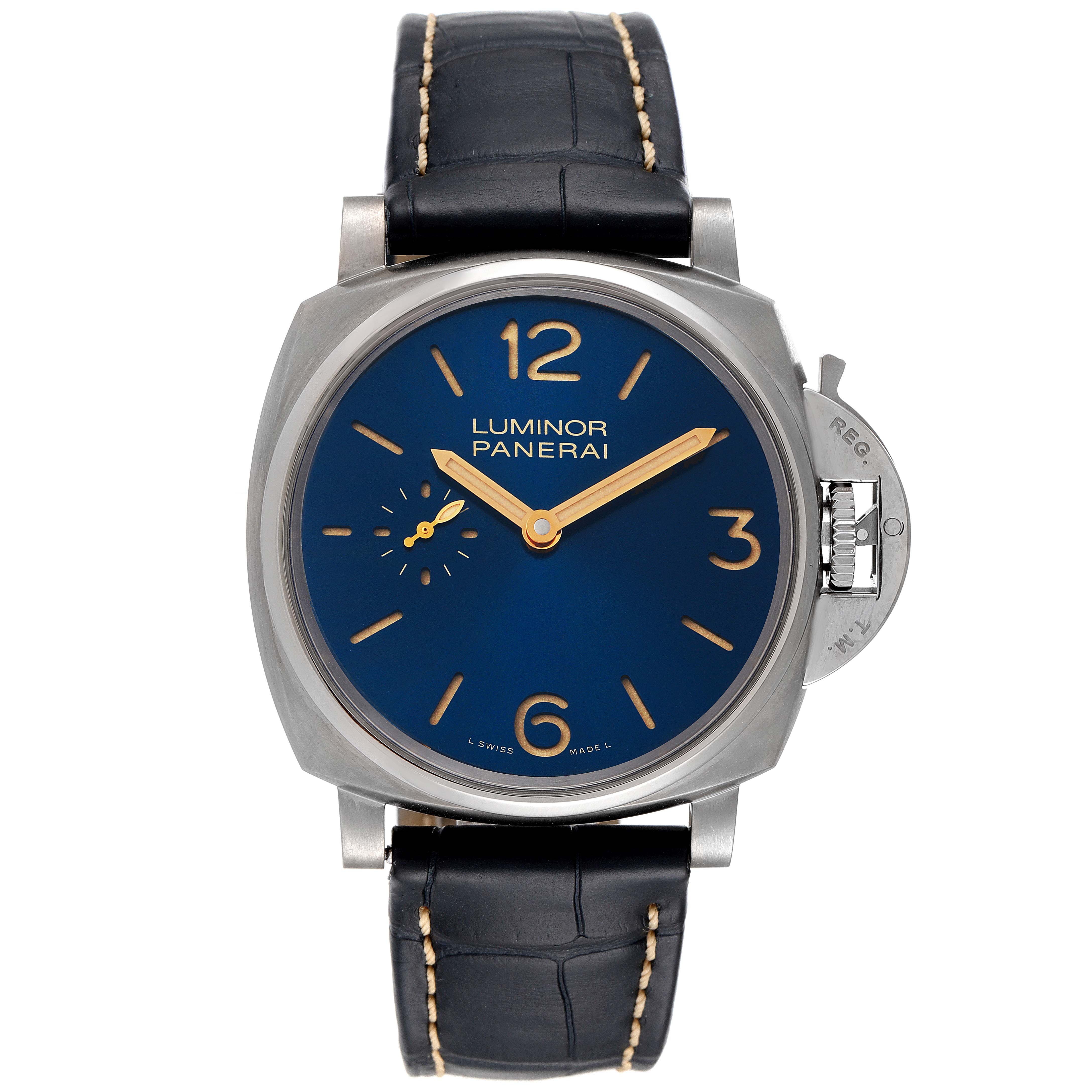 This image shows a front view of the Panerai Luminor Due PAM00728 Men's Titanium Blue Dial PAM00728 Men's Titanium Blue Dial watch, highlighting its blue dial and black leather strap.