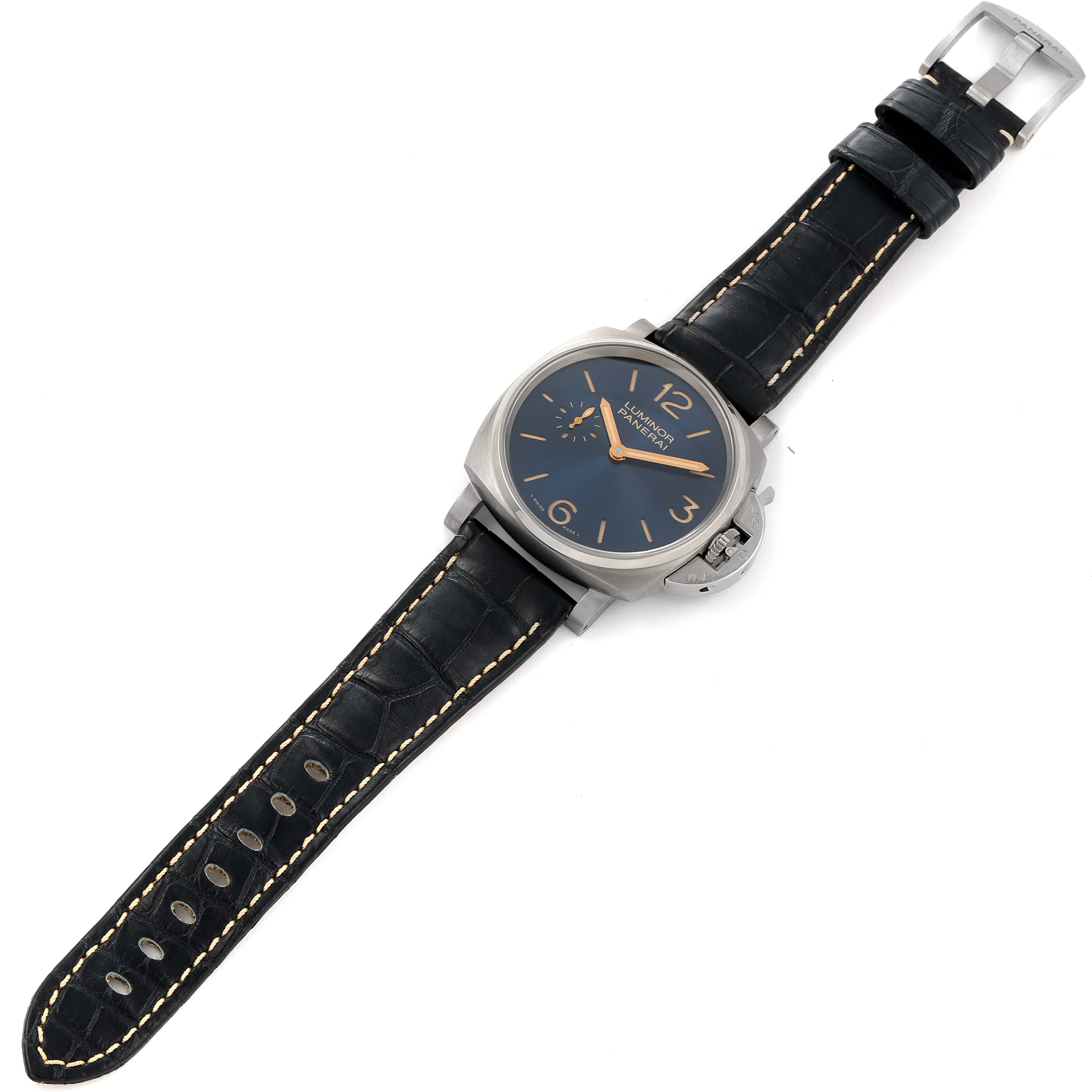 This image shows a full view of the Panerai Luminor Due PAM00728 Men's Titanium Blue Dial PAM00728 Men's Titanium Blue Dial model watch with its black leather strap and buckled clasp.