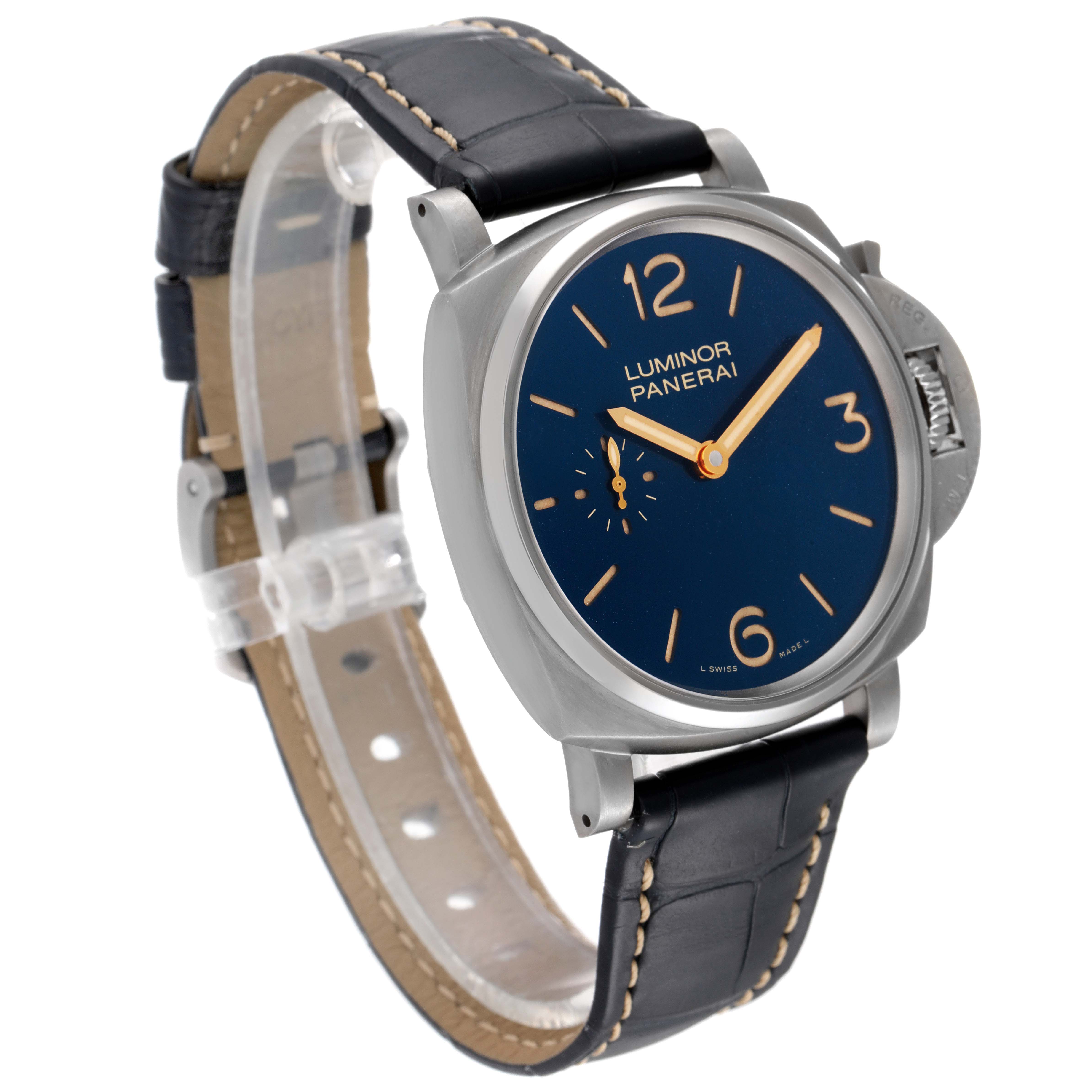 The image shows a Panerai Luminor Due PAM00728 Men's Titanium Blue Dial PAM00728 Men's Titanium Blue Dial watch at a side angle, highlighting the dial, case, and leather strap.