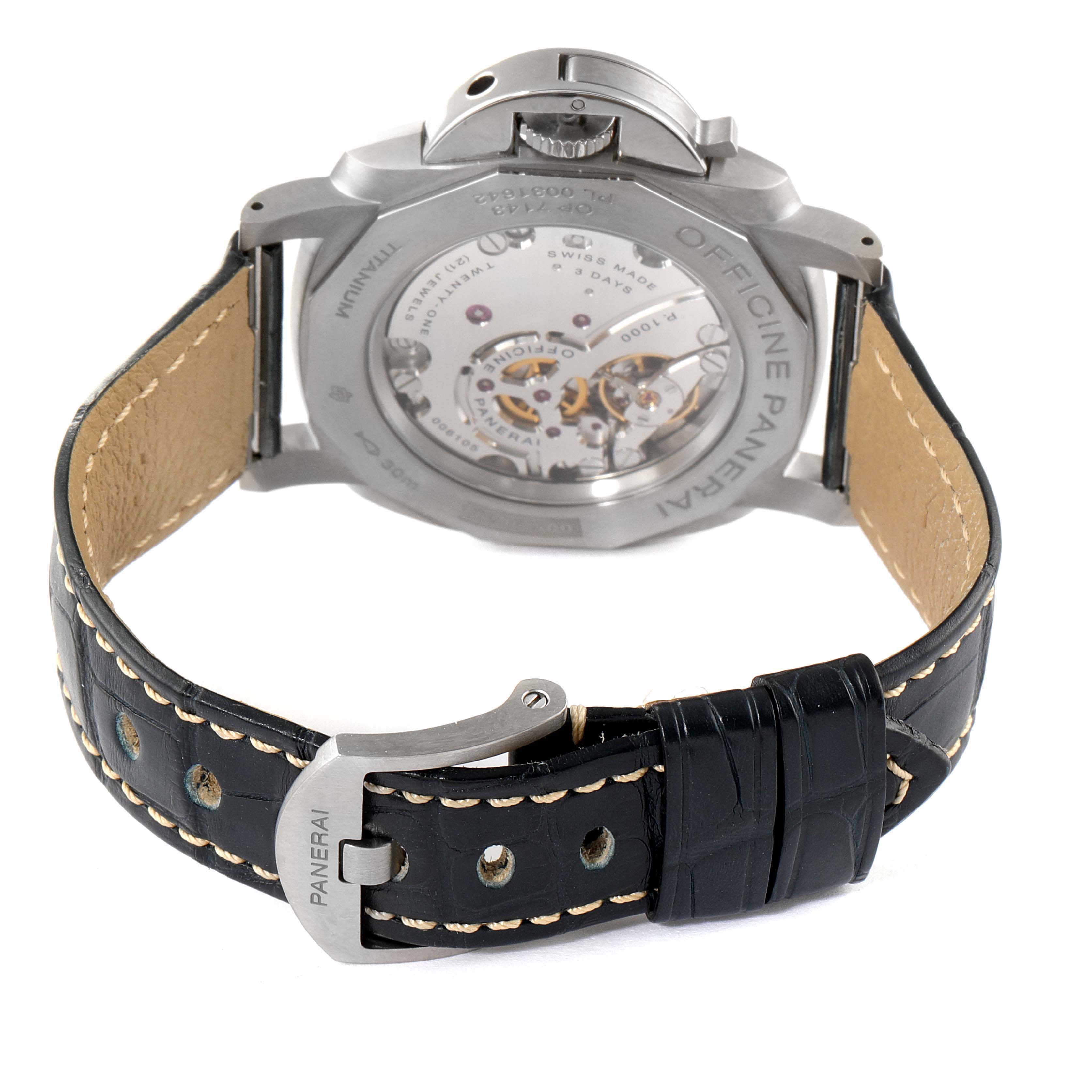 The image shows the reverse side of the Panerai Luminor Due PAM00728 Men's Titanium Blue Dial PAM00728 Men's Titanium Blue Dial watch, focusing on the transparent case back and leather strap.