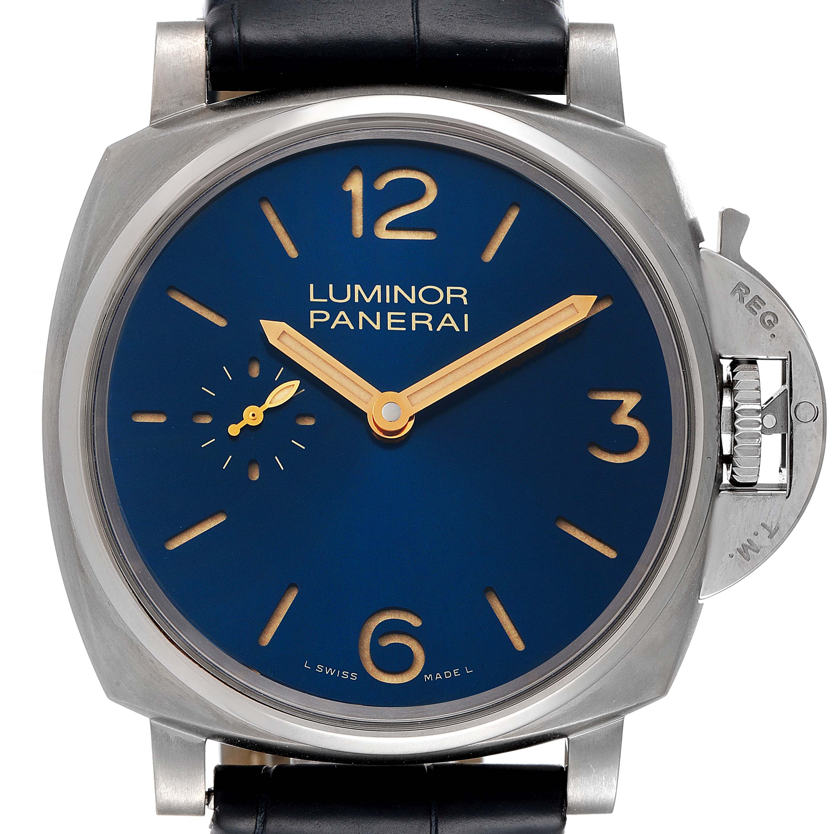 This image is a front view of the Panerai Luminor Due PAM00728 Men's Titanium Blue Dial PAM00728 Men's Titanium Blue Dial watch, showcasing its dial, case, crown guard, and leather strap.