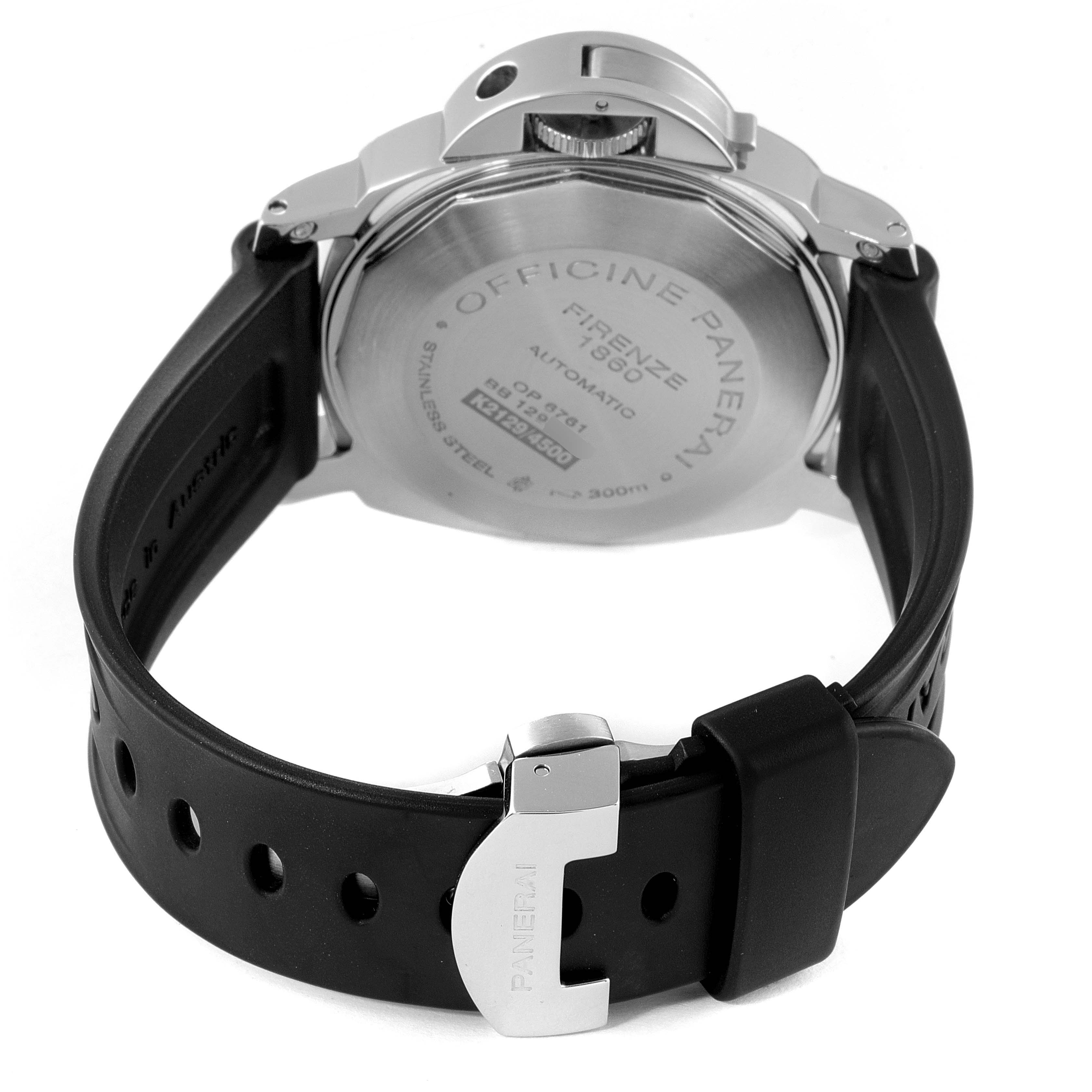 This image shows the back of the Panerai Luminor PAM00088 Men
s Stainless Steel Black Dial PAM00088 Men
s Stainless Steel Black Dial watch, highlighting the case back, black strap, and buckle.