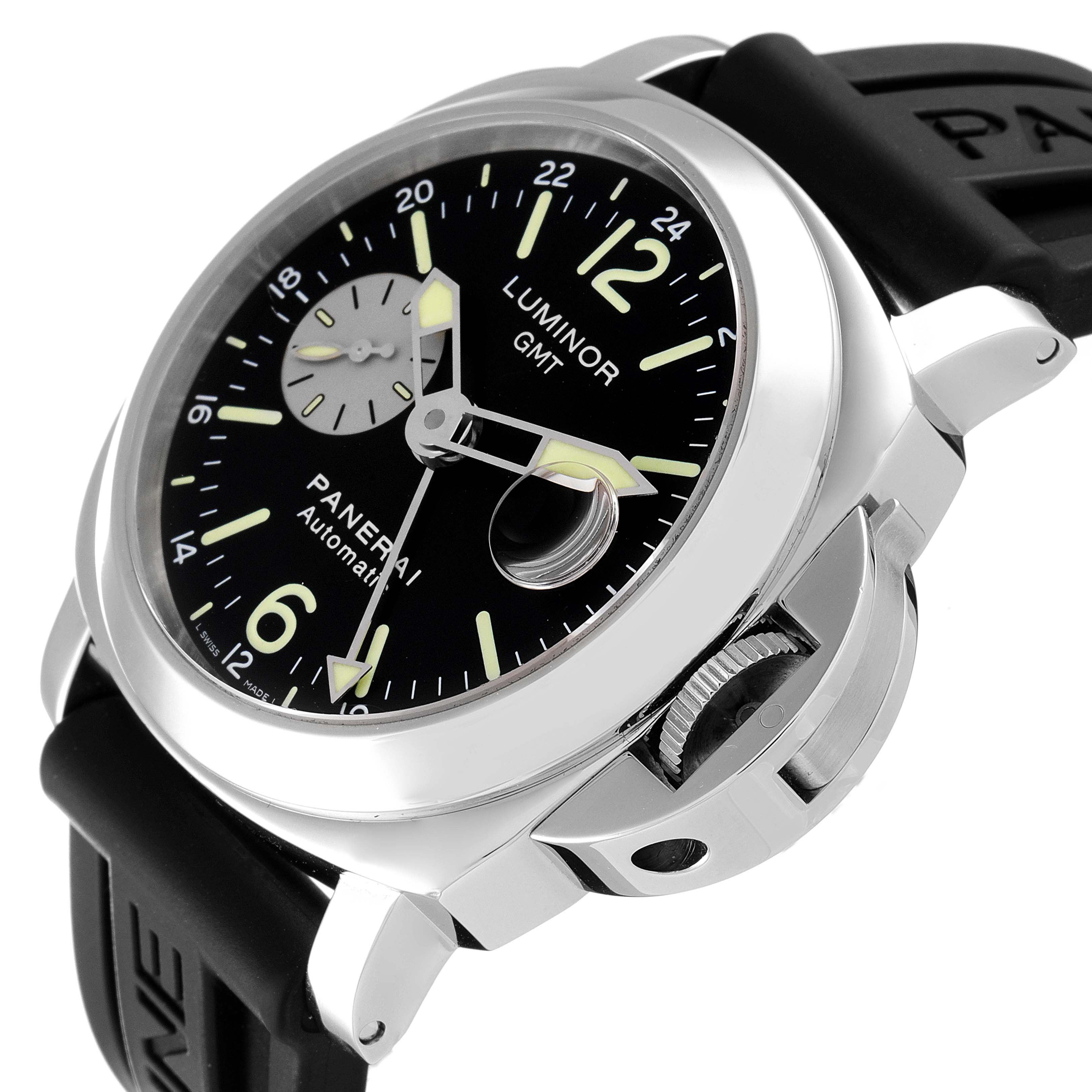 The image shows the Panerai Luminor PAM00088 Men
s Stainless Steel Black Dial PAM00088 Men
s Stainless Steel Black Dial GMT watch at an oblique angle, highlighting the dial, crown guard, and rubber strap.