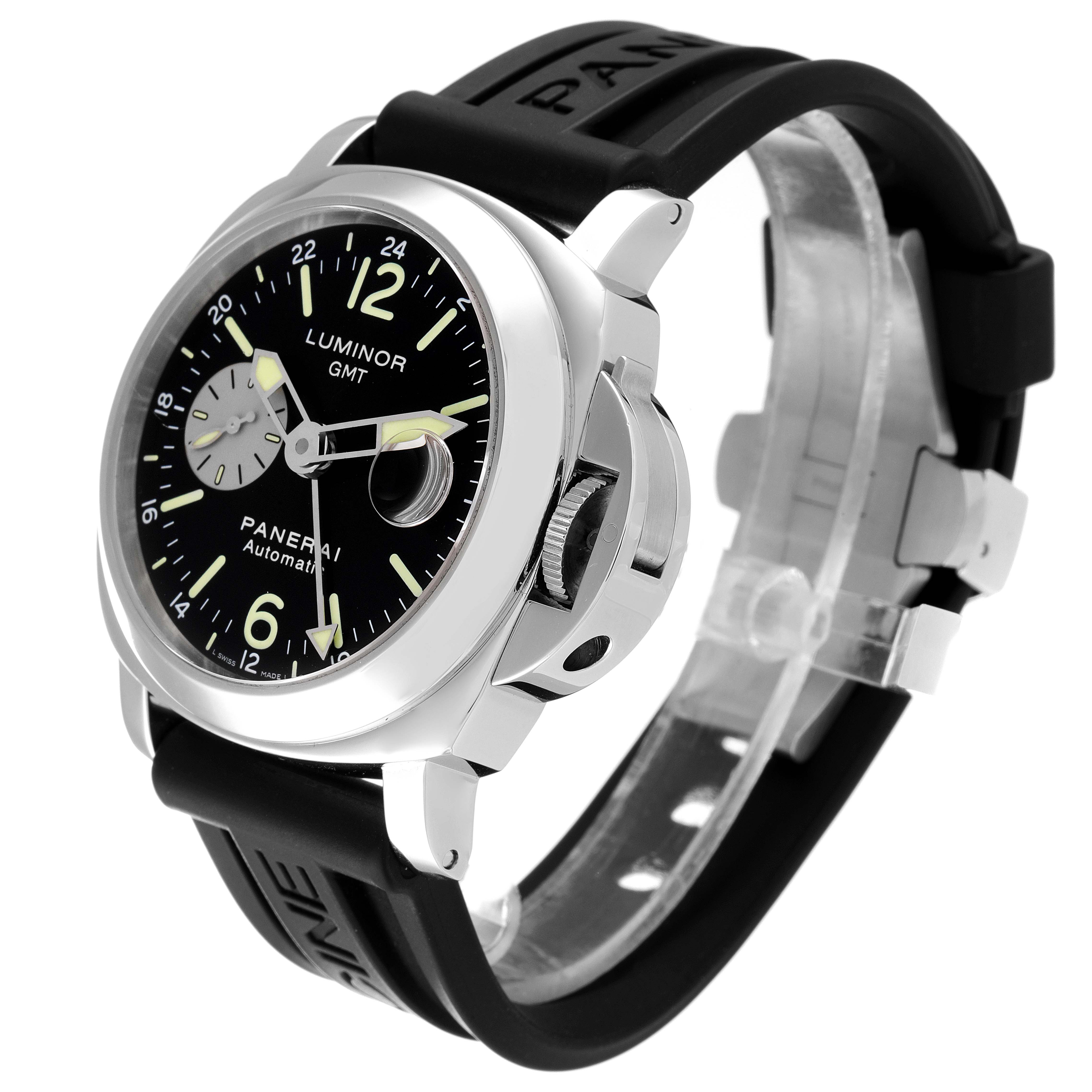This image shows a Panerai Luminor PAM00088 Men
s Stainless Steel Black Dial PAM00088 Men
s Stainless Steel Black Dial watch, viewed from a front-side angle, showcasing the dial, case, and rubber strap.