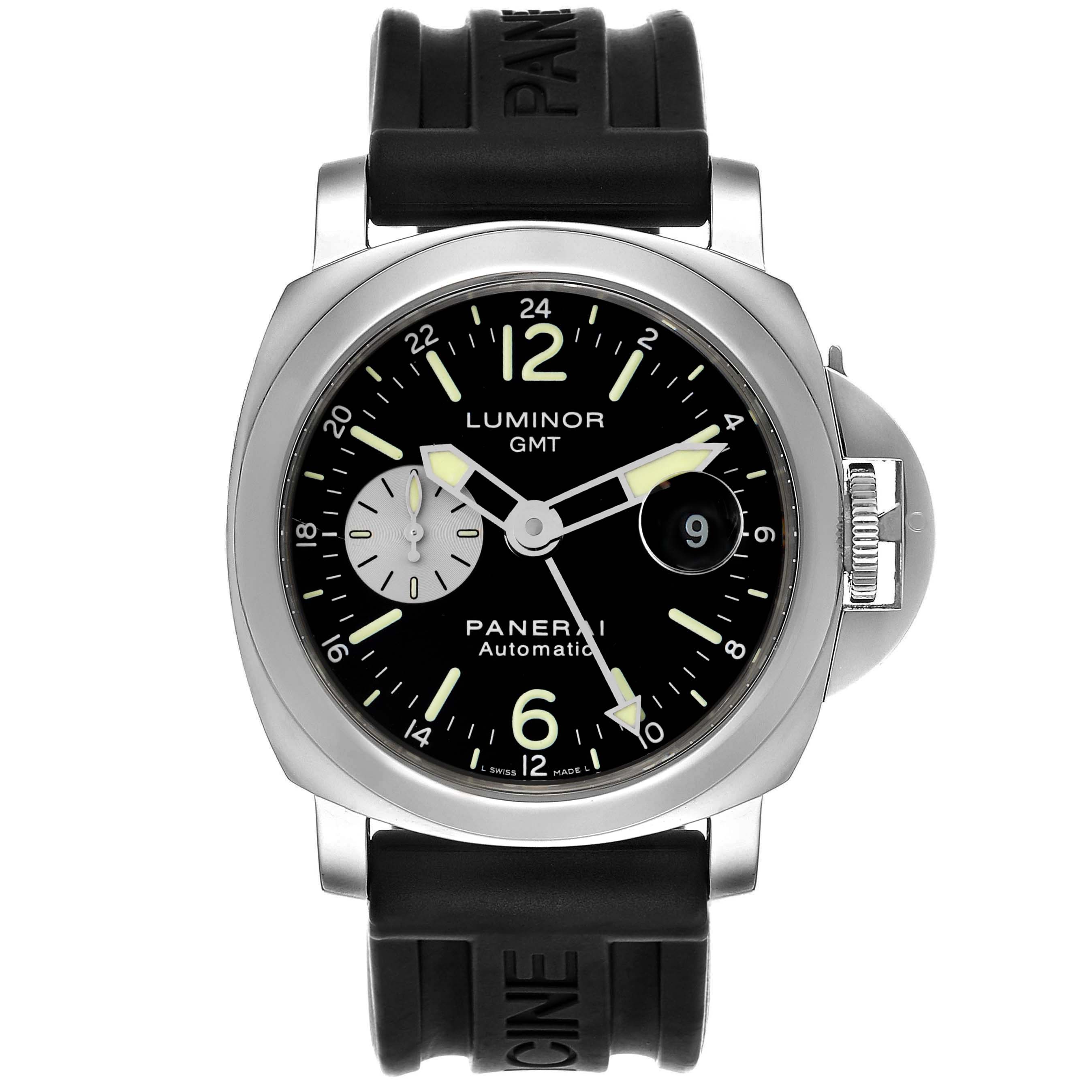 This image shows a front view of a Panerai Luminor PAM00088 Men
s Stainless Steel Black Dial PAM00088 Men
s Stainless Steel Black Dial GMT watch, highlighting its black dial, bezel, and rubber band.