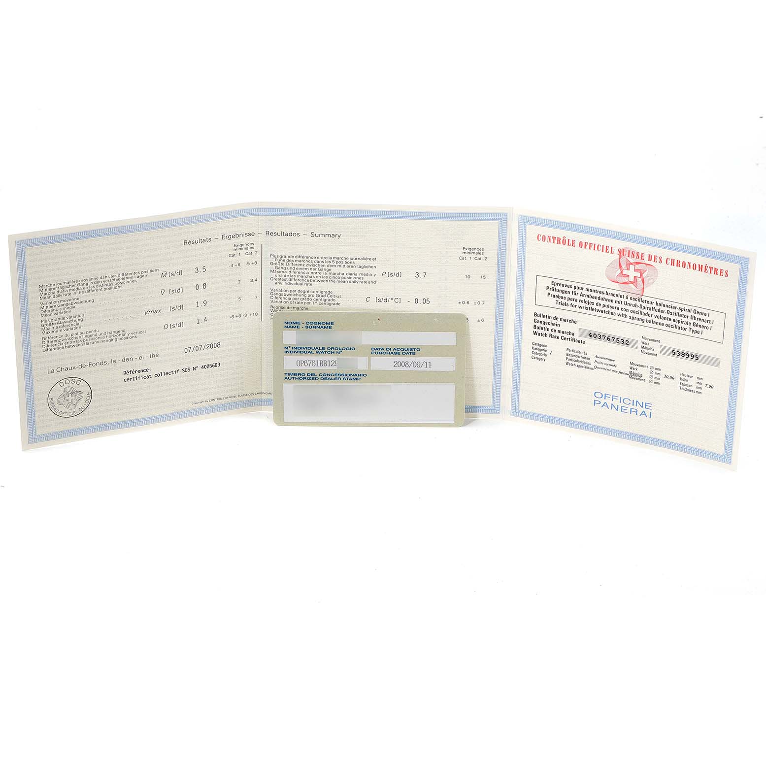 This image shows paperwork and certification for a Luminor model watch by Panerai, including documents and a card.
