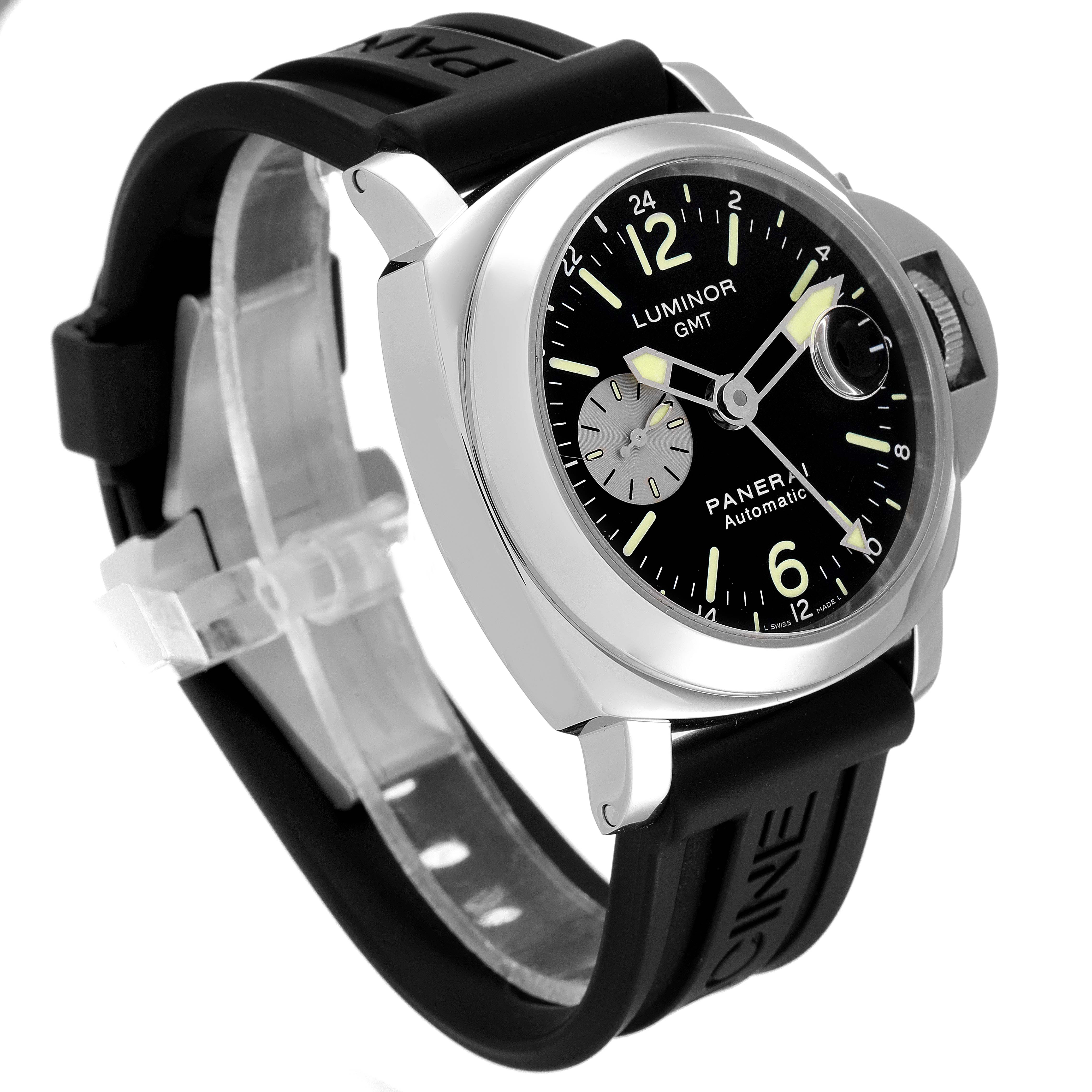 The image shows a Panerai Luminor PAM00088 Men
s Stainless Steel Black Dial PAM00088 Men
s Stainless Steel Black Dial GMT watch at a three-quarter angle, highlighting its face, case, and rubber strap.