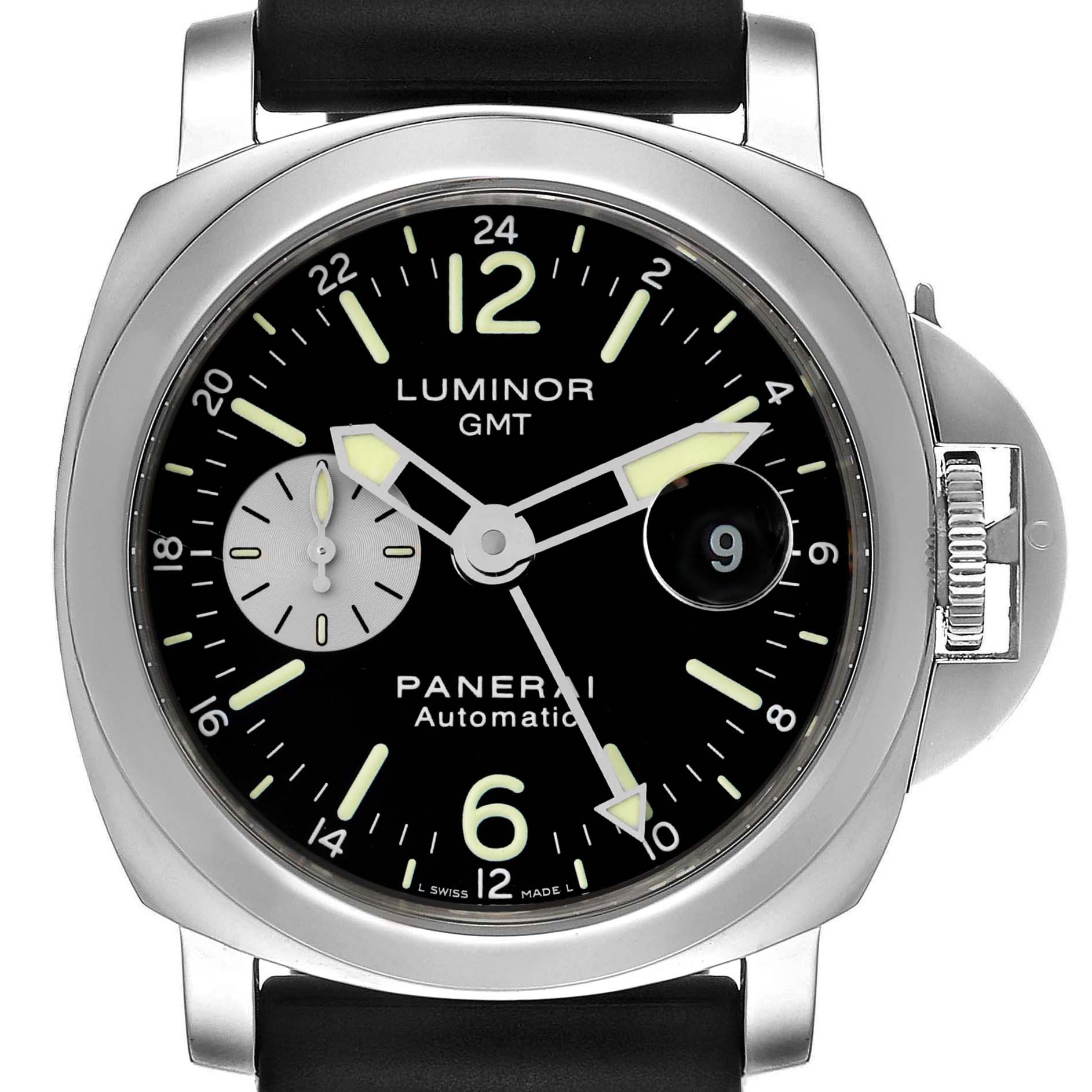 This image shows a front view of the Panerai Luminor PAM00088 Men
s Stainless Steel Black Dial PAM00088 Men
s Stainless Steel Black Dial GMT watch, highlighting its dial, hands, crown guard, and black strap.