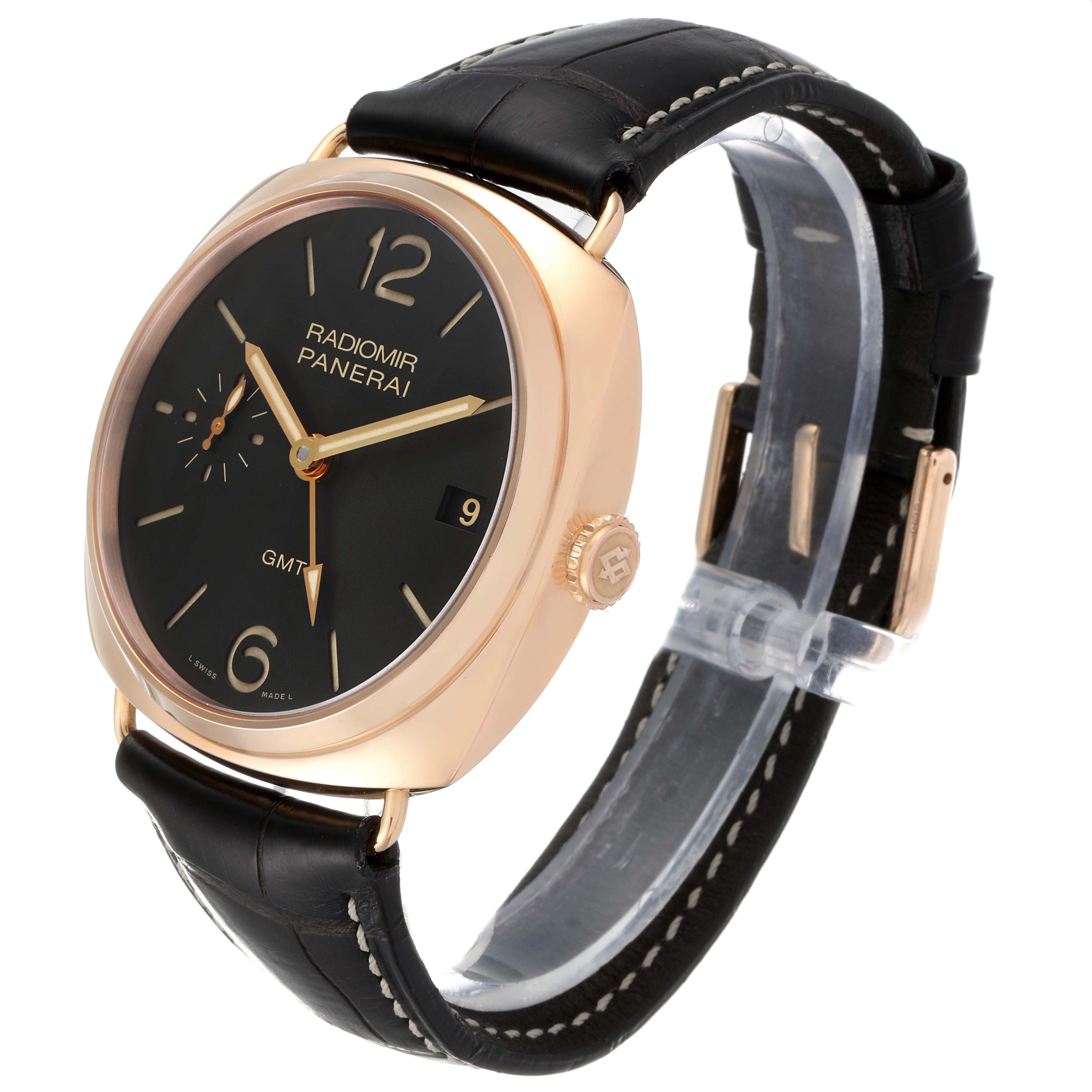 This image shows an angled view of the Panerai Radiomir PAM00421 Men's Rose Gold Brown Dial PAM00421 Men's Rose Gold Brown Dial watch, highlighting its face, crown, and strap.
