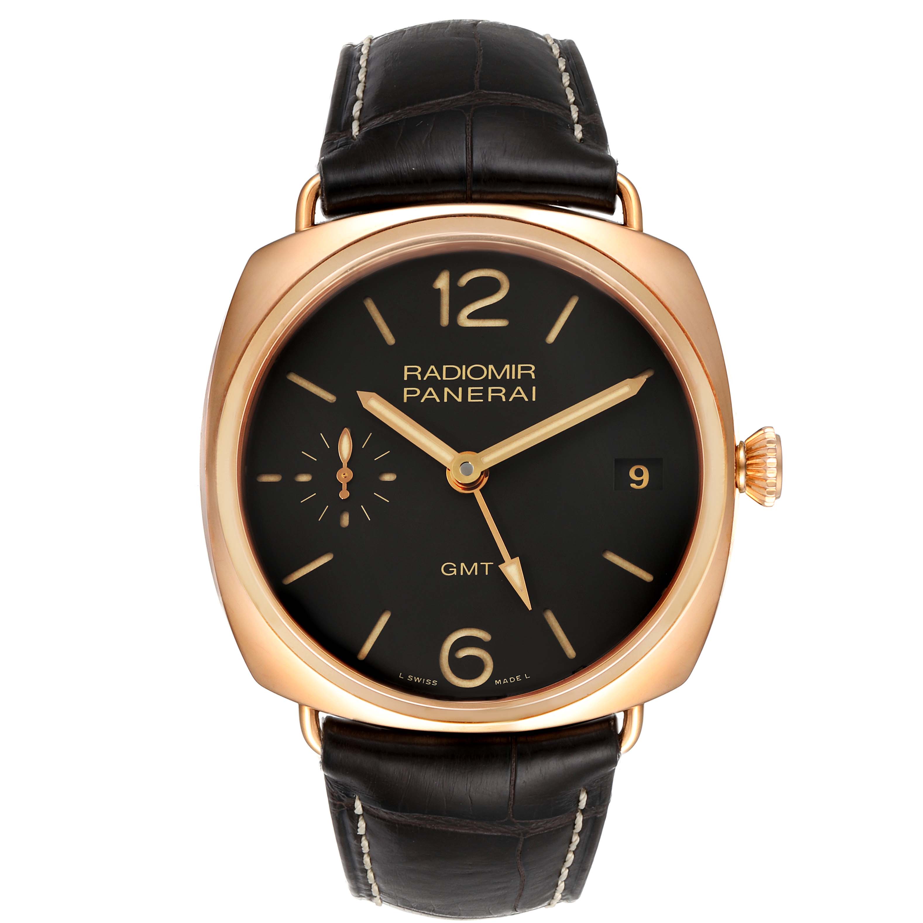 The image shows a front-facing view of the Panerai Radiomir PAM00421 Men's Rose Gold Brown Dial PAM00421 Men's Rose Gold Brown Dial watch, highlighting its dial, case, crown, and strap.