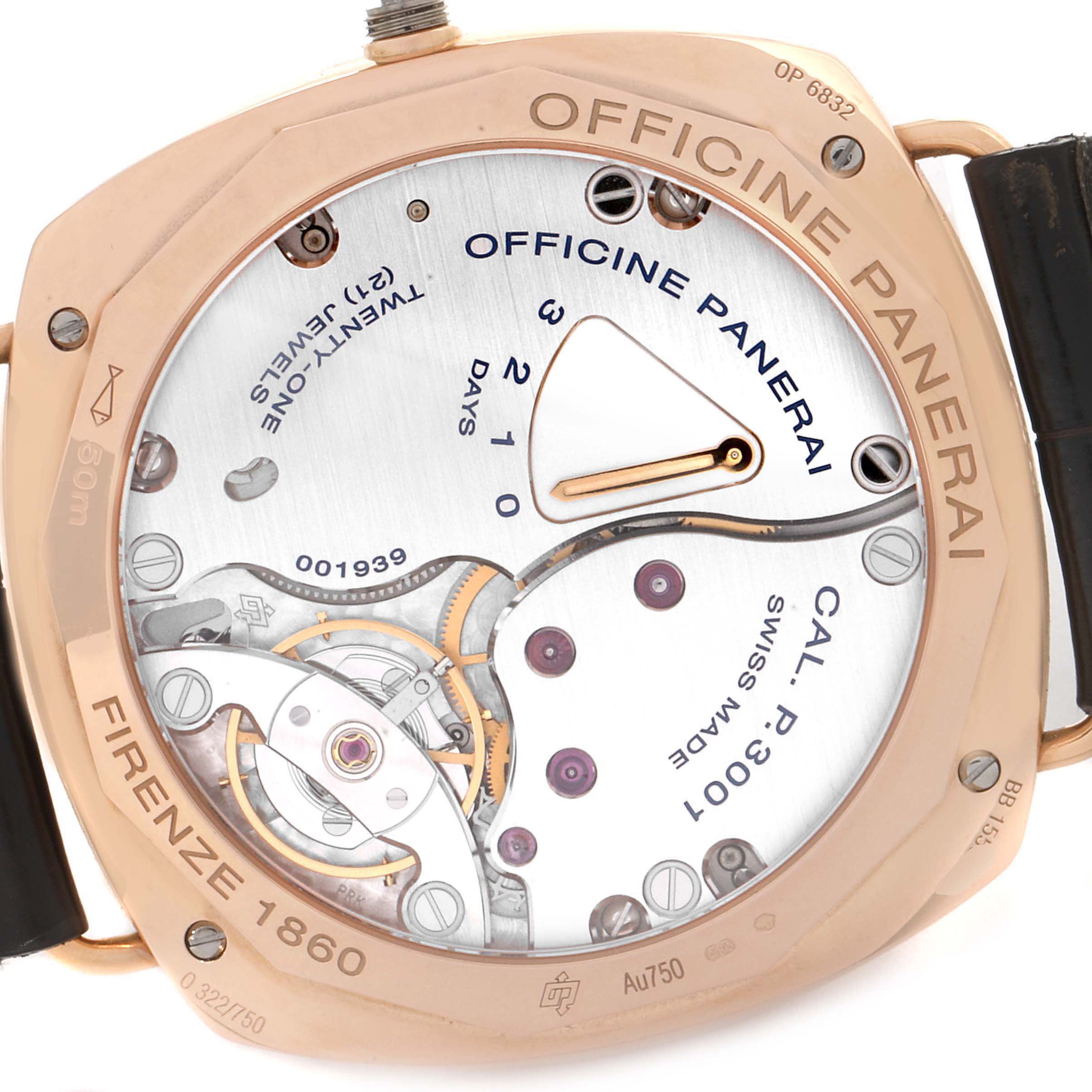 The image shows the back of the Panerai Radiomir PAM00421 Men's Rose Gold Brown Dial PAM00421 Men's Rose Gold Brown Dial watch, highlighting its movement and components.