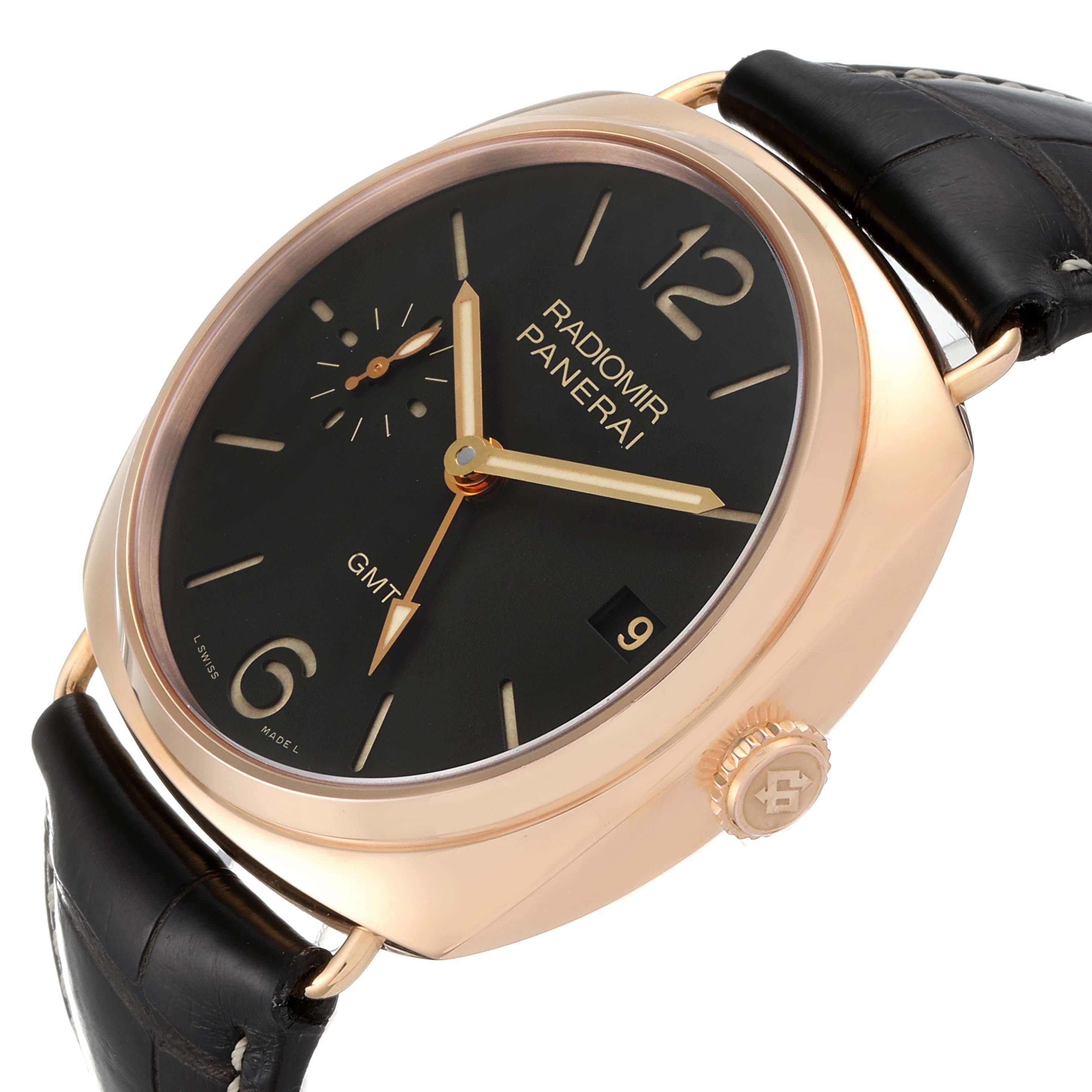 The image shows an angled side view of the Panerai Radiomir PAM00421 Men's Rose Gold Brown Dial PAM00421 Men's Rose Gold Brown Dial watch, featuring the dial, crown, and part of the leather strap.