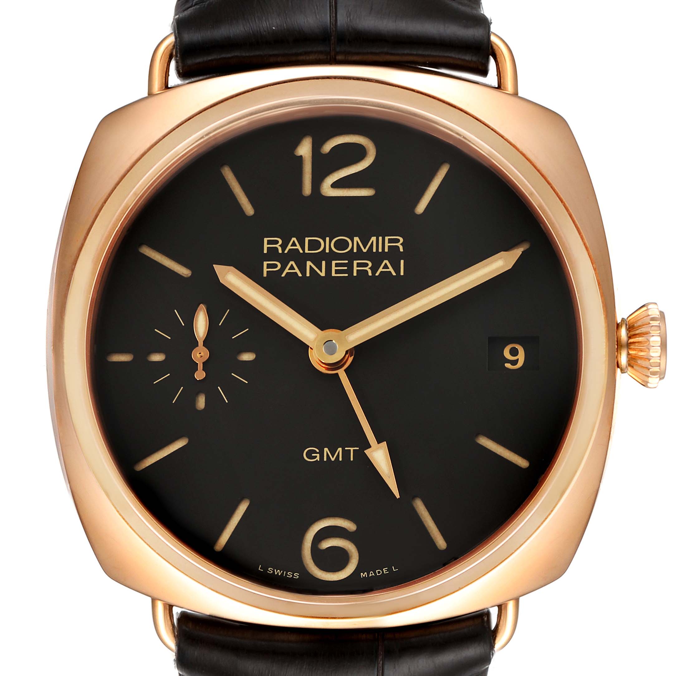The image shows a front view of the Panerai Radiomir PAM00421 Men's Rose Gold Brown Dial PAM00421 Men's Rose Gold Brown Dial watch, highlighting the dial, hands, and crown.