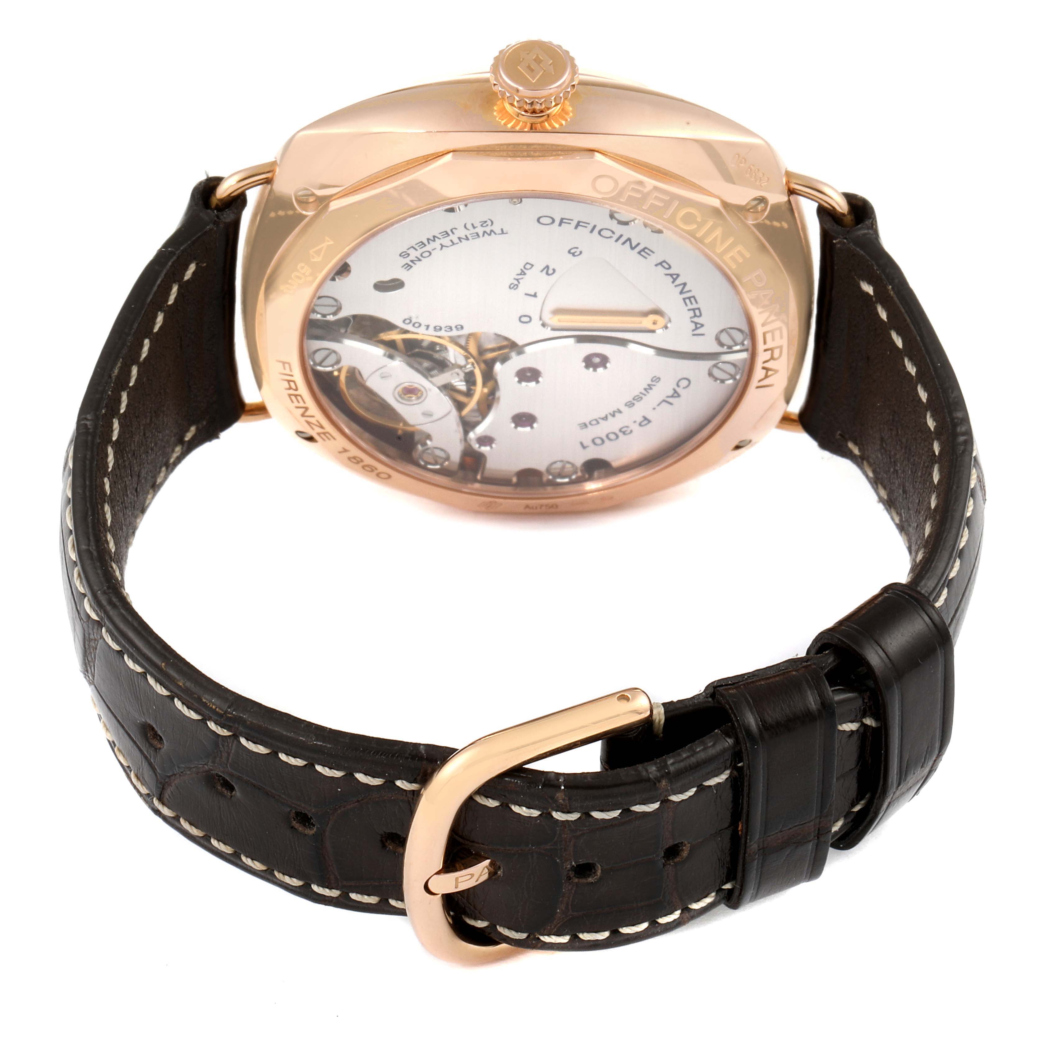 The image shows the back of a Panerai Radiomir PAM00421 Men's Rose Gold Brown Dial PAM00421 Men's Rose Gold Brown Dial watch, displaying its movement, caseback, and leather strap with buckle.