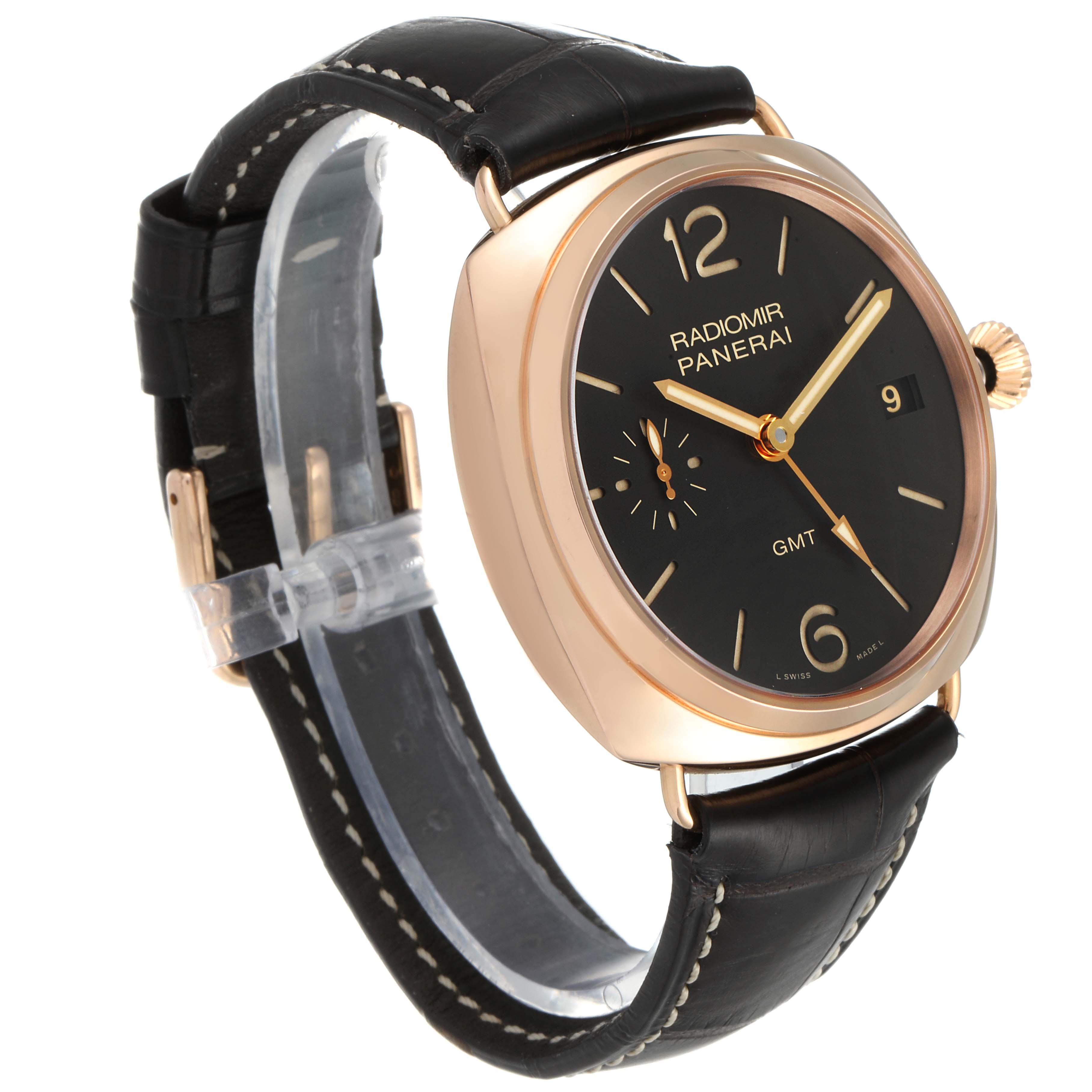 The Panerai Radiomir PAM00421 Men's Rose Gold Brown Dial PAM00421 Men's Rose Gold Brown Dial watch is shown at an angle highlighting the face, crown, black leather strap, and details on the dial.