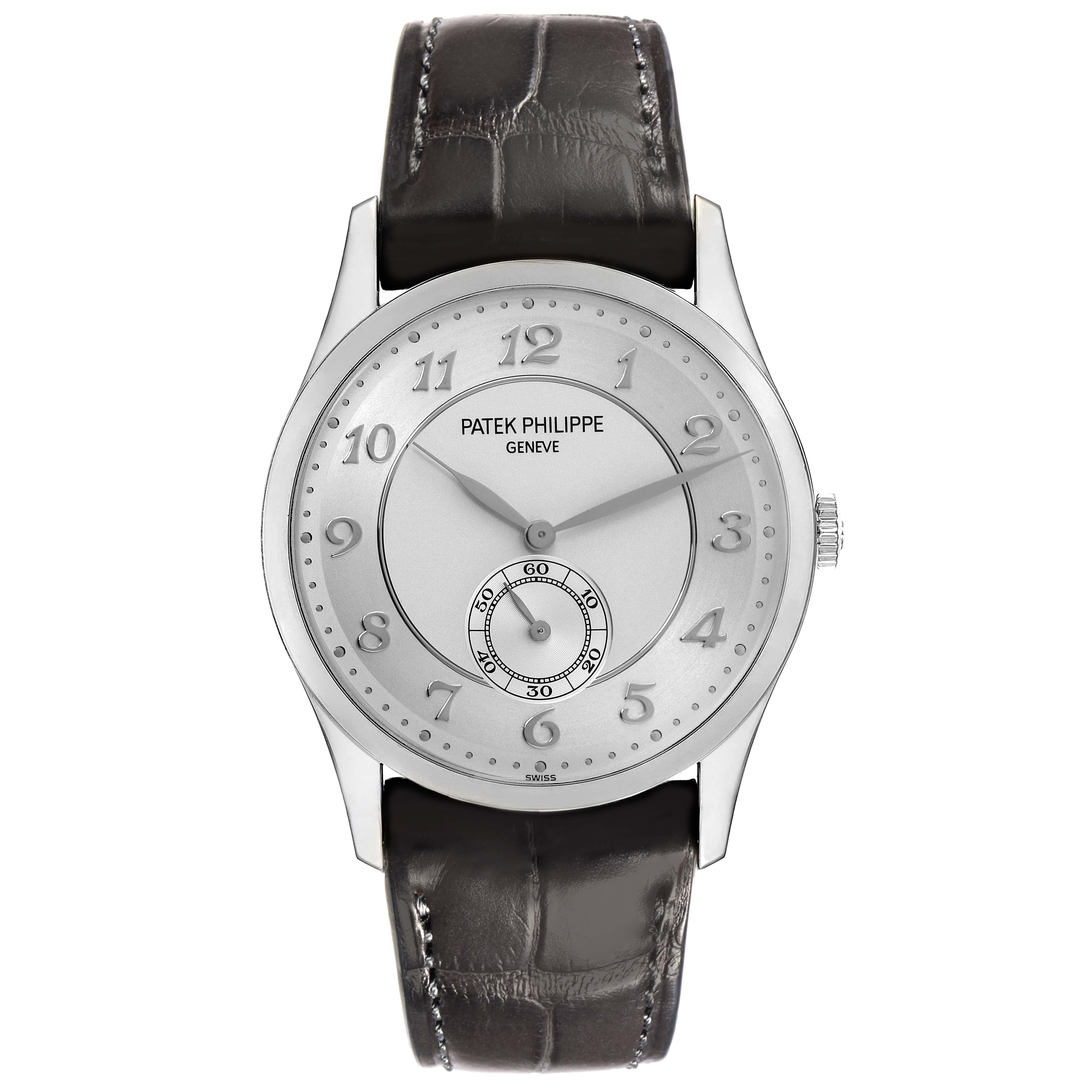 The Patek Philippe Calatrava 5196P-001 Men's Platinum Silver Dial 5196P-001 Men's Platinum Silver Dial watch is shown from a front angle, highlighting the dial, case, and leather strap.