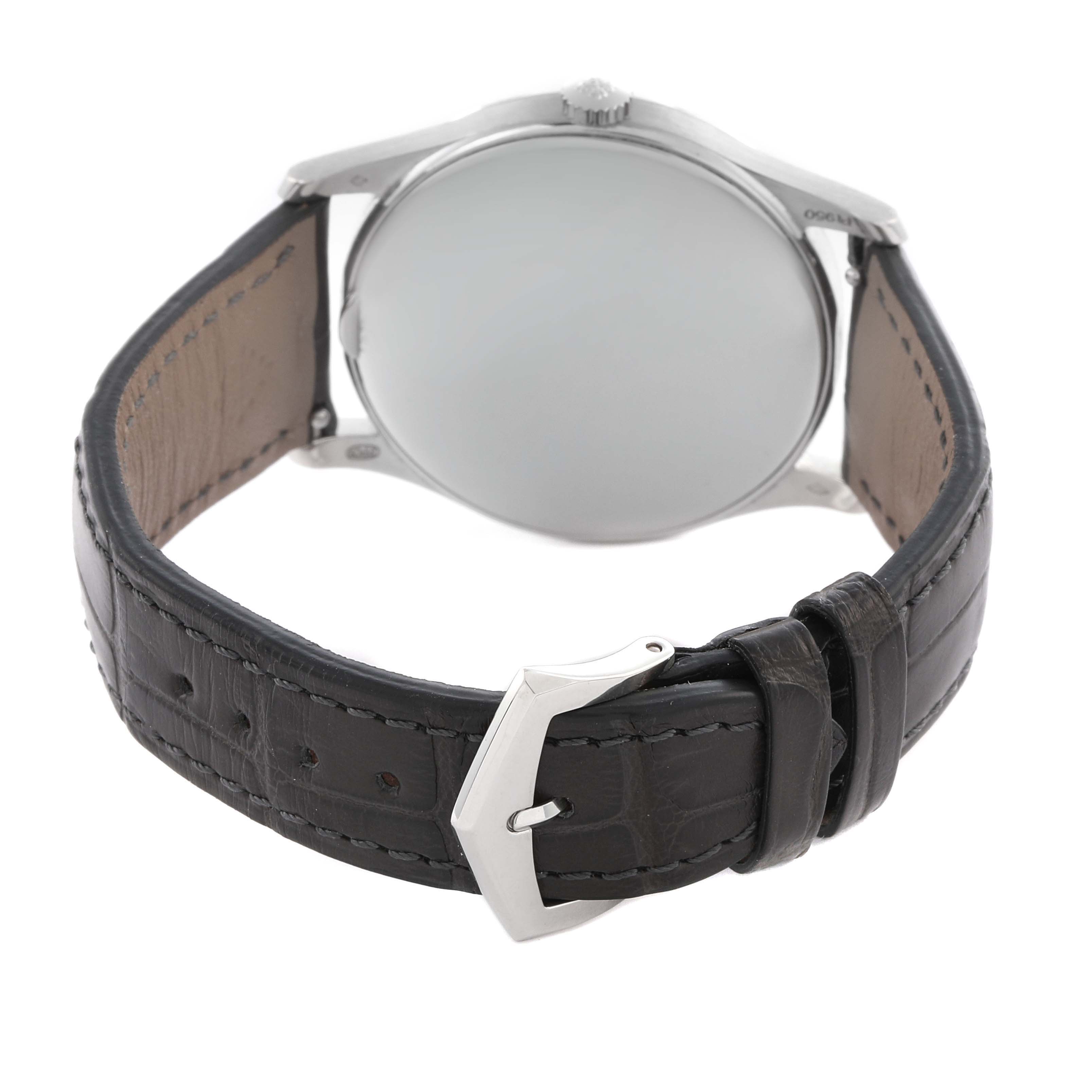 The image shows the back and strap of the Patek Philippe Calatrava 5196P-001 Men's Platinum Silver Dial 5196P-001 Men's Platinum Silver Dial watch, displaying the buckle and leather band.