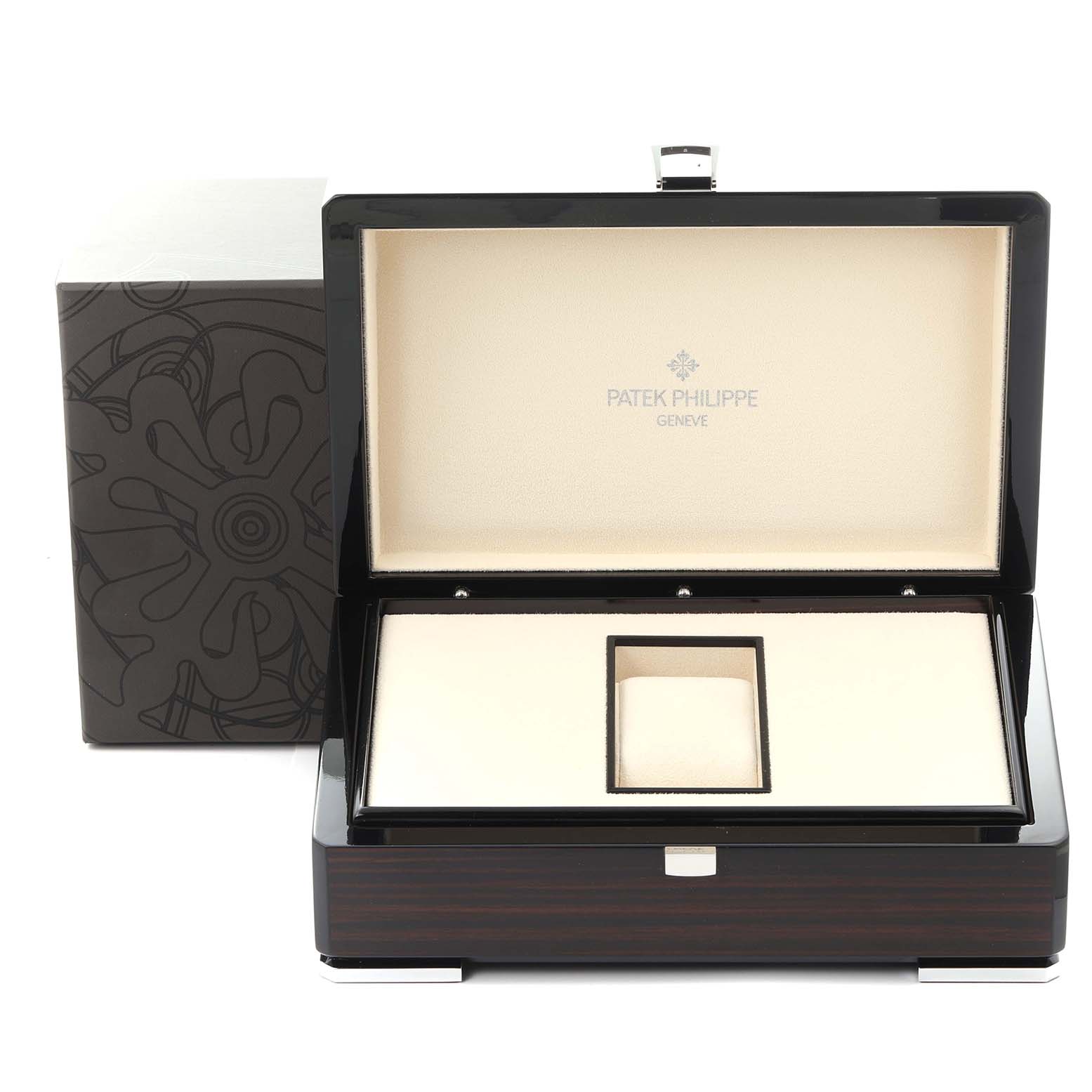 The image shows an open presentation box for the Patek Philippe Calatrava 5196P-001 Men's Platinum Silver Dial 5196P-001 Men's Platinum Silver Dial model, displaying its interior and exterior design.