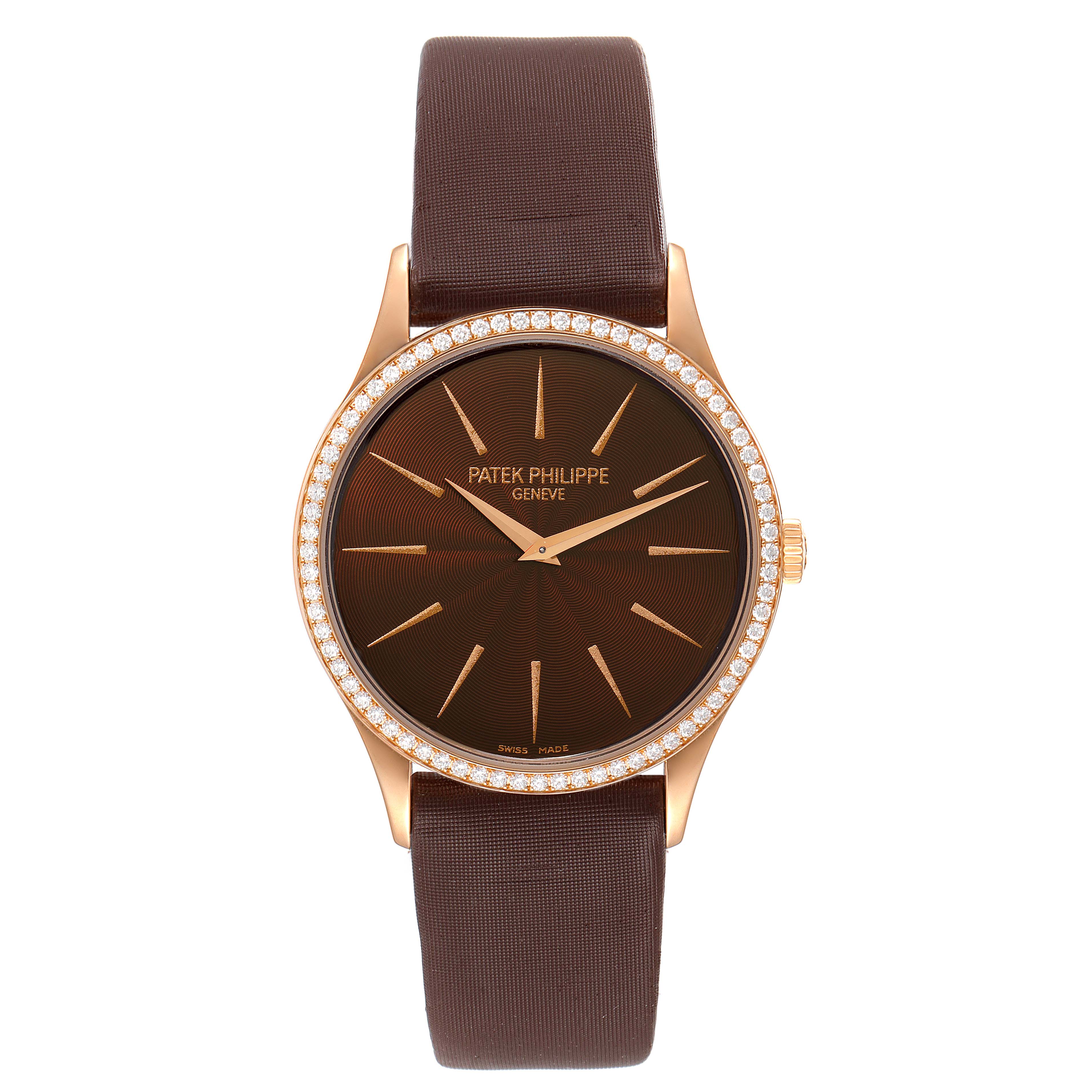 The image shows a Patek Philippe Calatrava 4897R-001 Women's Rose Gold Brown Dial 4897R-001 Women's Rose Gold Brown Dial watch from a front angle, displaying the dial, bezel, and strap.