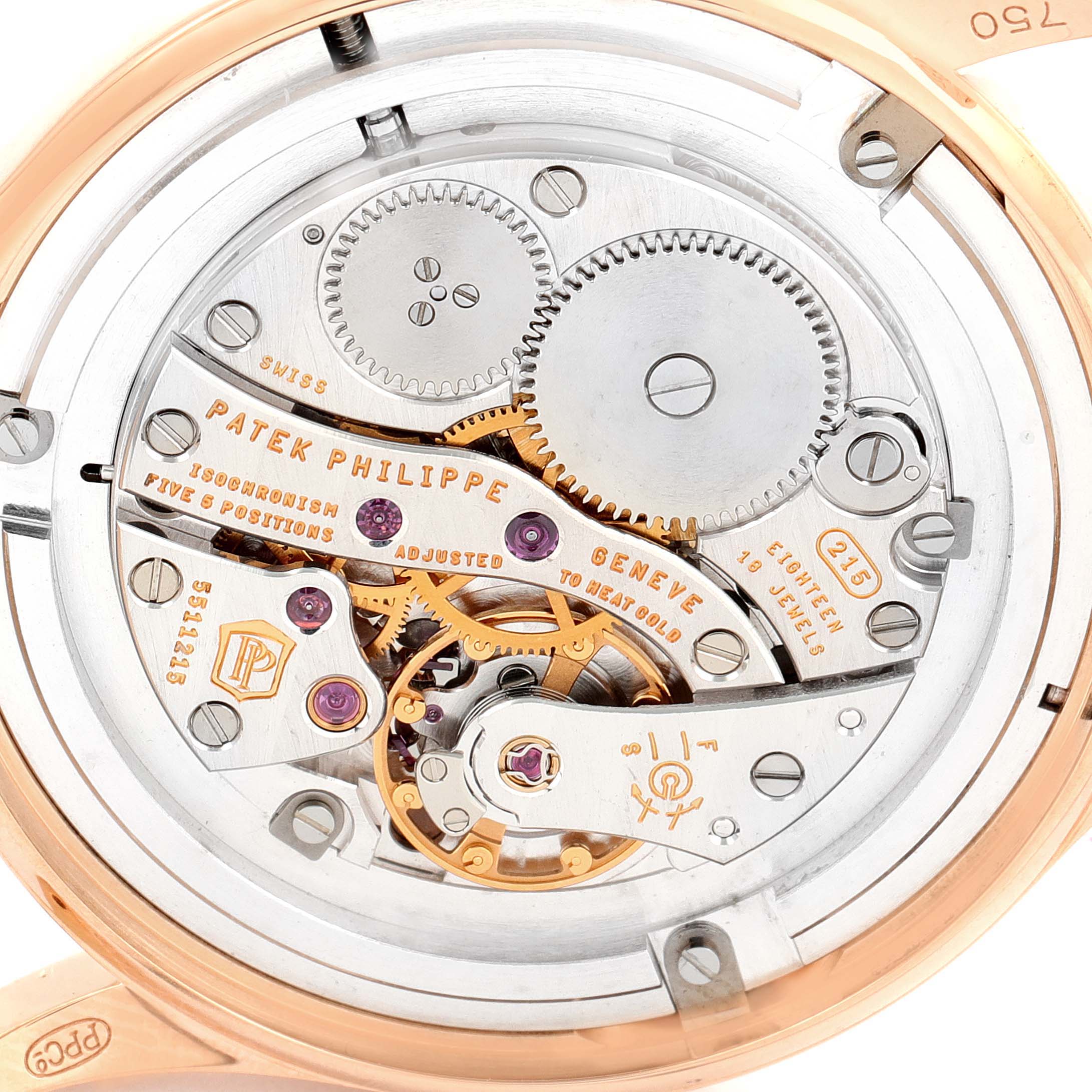 The image shows the movement mechanism of a Patek Philippe Calatrava 4897R-001 Women's Rose Gold Brown Dial 4897R-001 Women's Rose Gold Brown Dial watch, highlighting gears, jewels, and engravings.