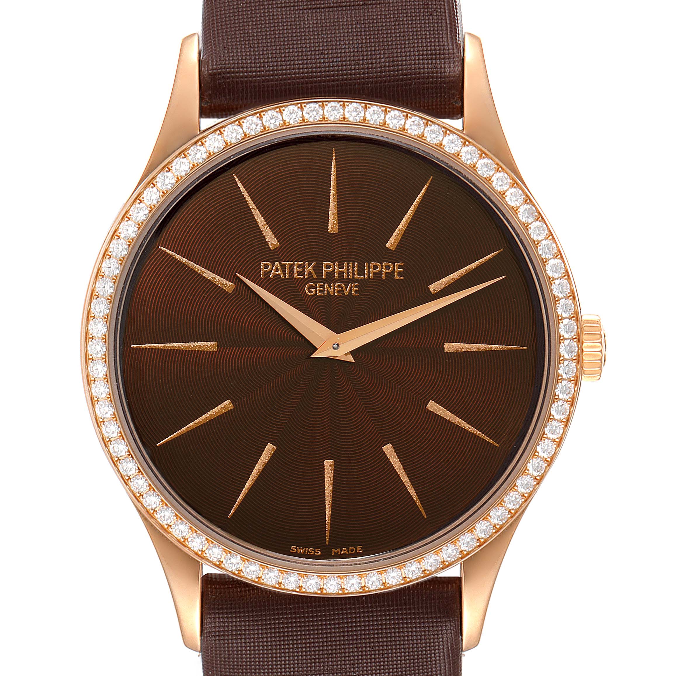 The image shows a front view of a Patek Philippe Calatrava 4897R-001 Women's Rose Gold Brown Dial 4897R-001 Women's Rose Gold Brown Dial watch with a brown dial, gold hour markers, diamond bezel, and brown strap.