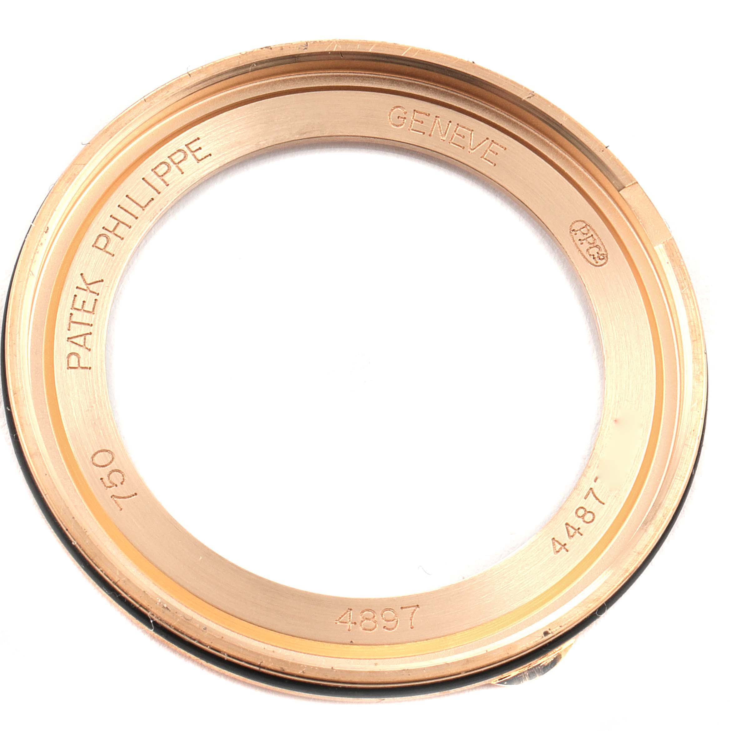 This image shows a close-up, top-down view of the watch bezel from a Patek Philippe Calatrava 4897R-001 Women's Rose Gold Brown Dial 4897R-001 Women's Rose Gold Brown Dial model.