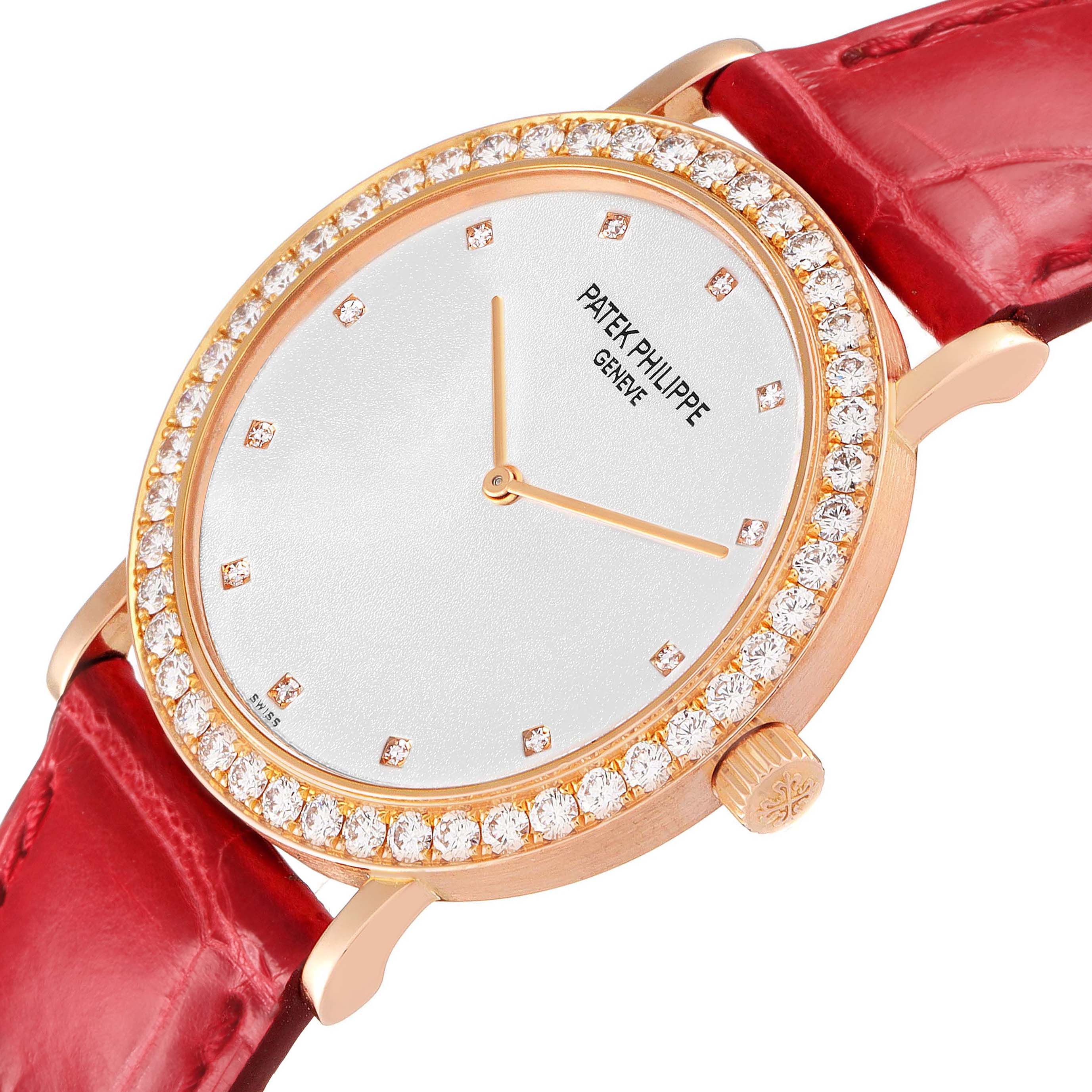 The Patek Philippe Calatrava 5006R Men's Rose Gold Silver Dial watch is shown at an angled close-up, displaying the diamond bezel, dial, hands, and red strap.