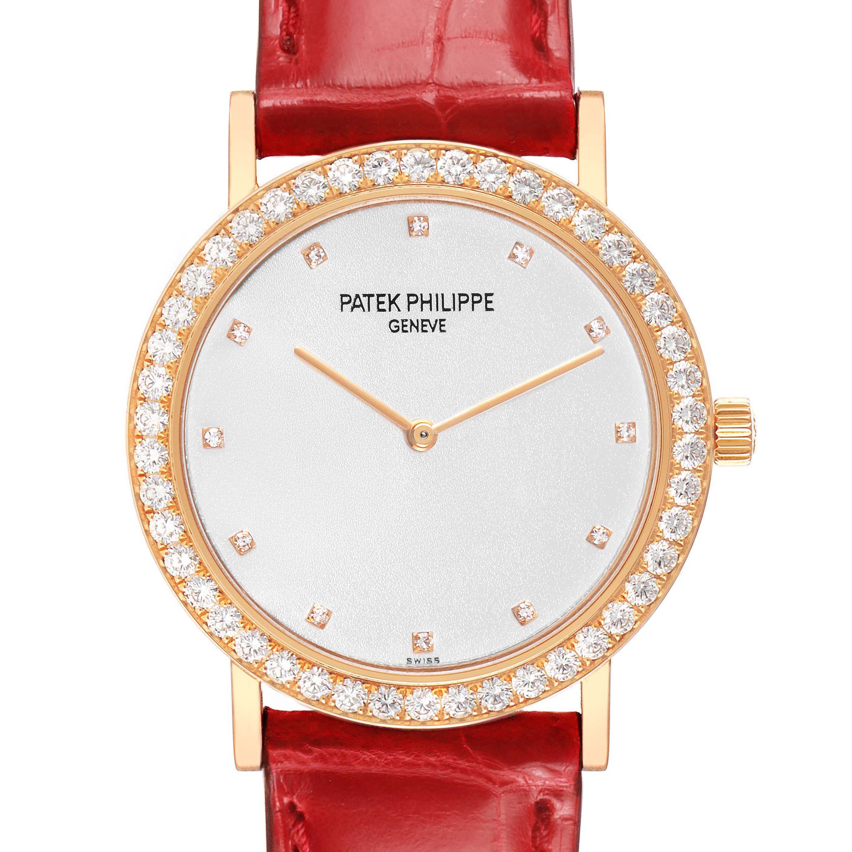 The Patek Philippe Calatrava 5006R Men's Rose Gold Silver Dial watch is shown from the front, featuring a diamond bezel and a red leather strap.