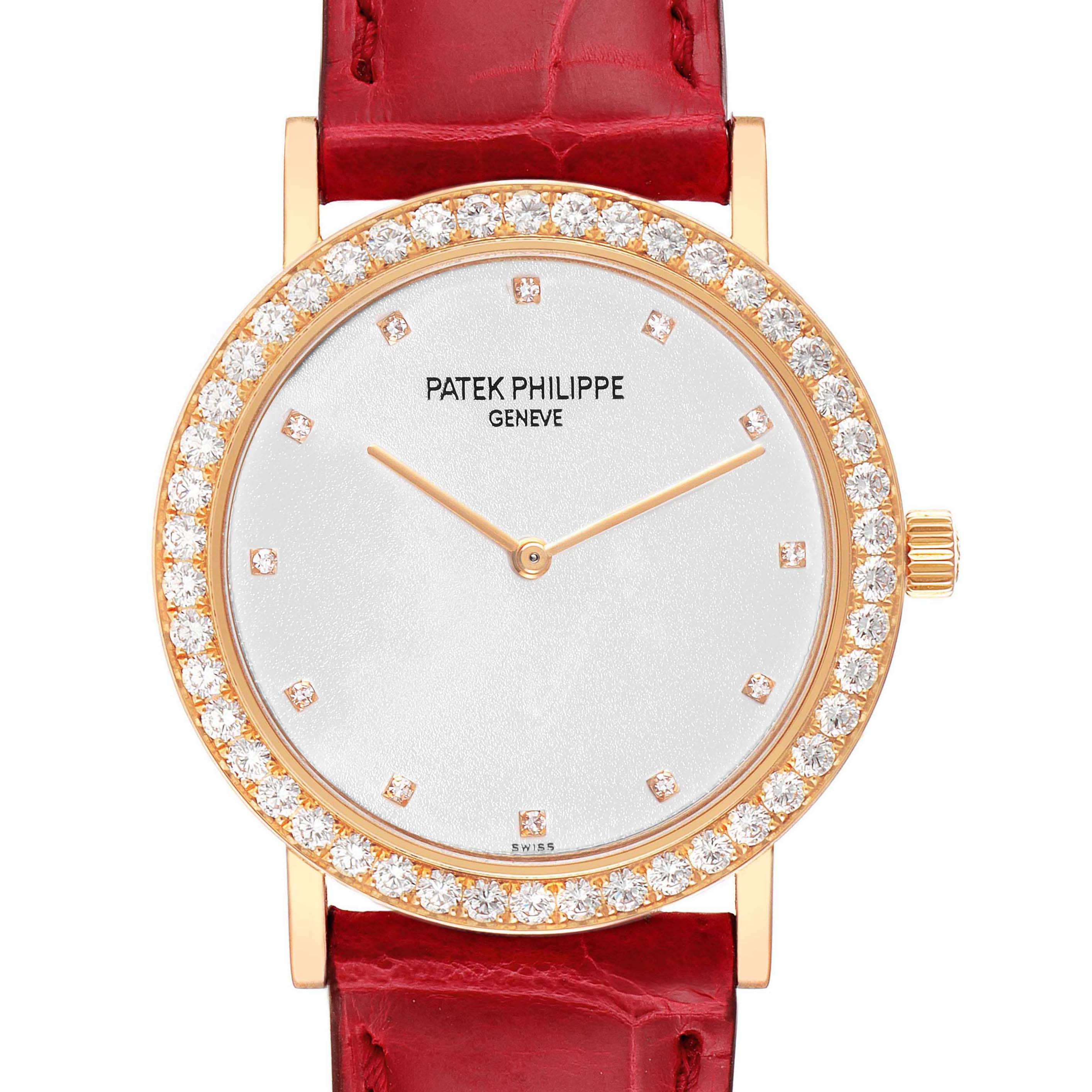The image shows a front view of the Patek Philippe Calatrava 5006R Men's Rose Gold Silver Dial 5006R Men's Rose Gold Silver Dial watch with a diamond-studded bezel and red leather strap.