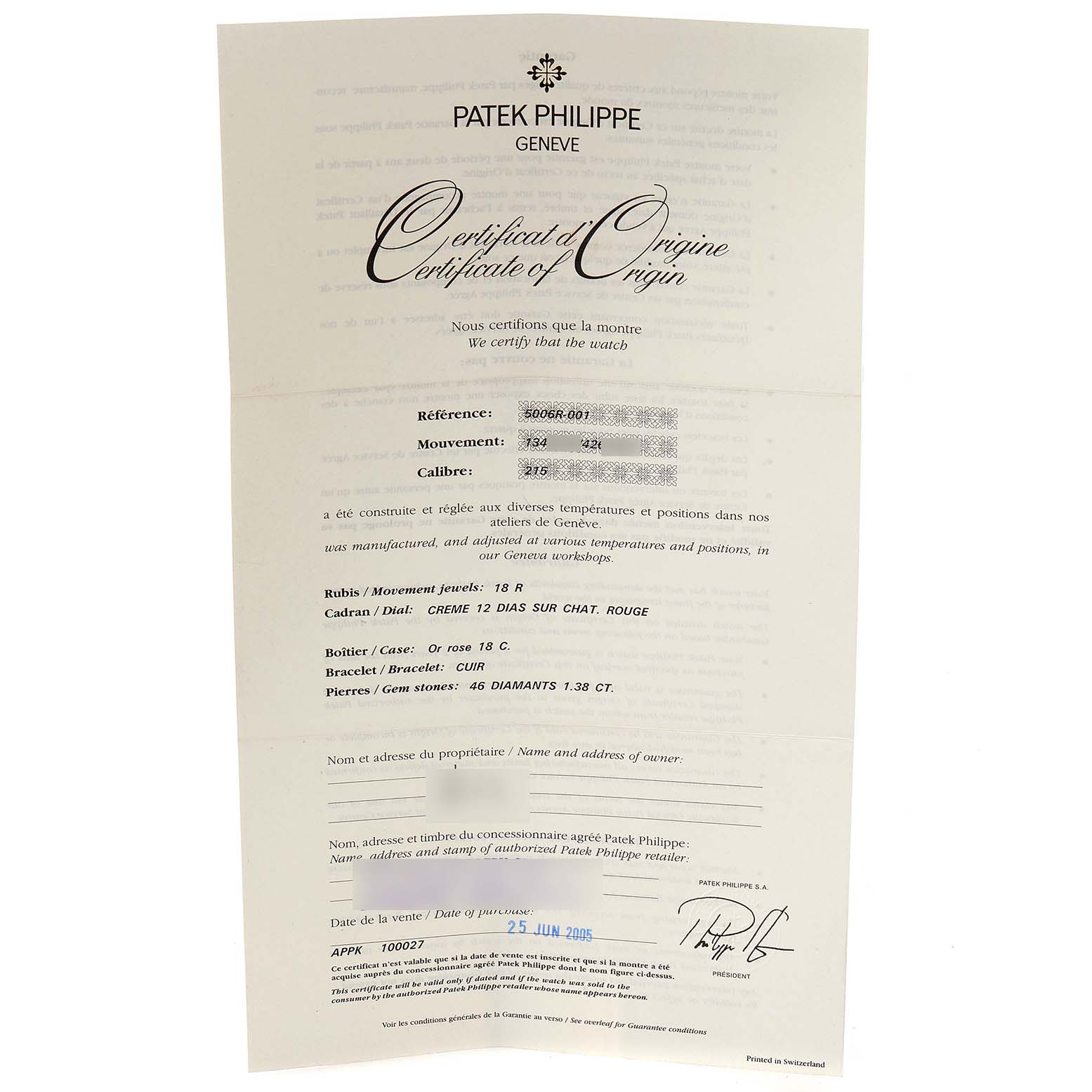 The image shows a Certificate of Origin for a Patek Philippe Calatrava 5006R Men's Rose Gold Silver Dial 5006R Men's Rose Gold Silver Dial watch, detailing its specifications and authenticity.