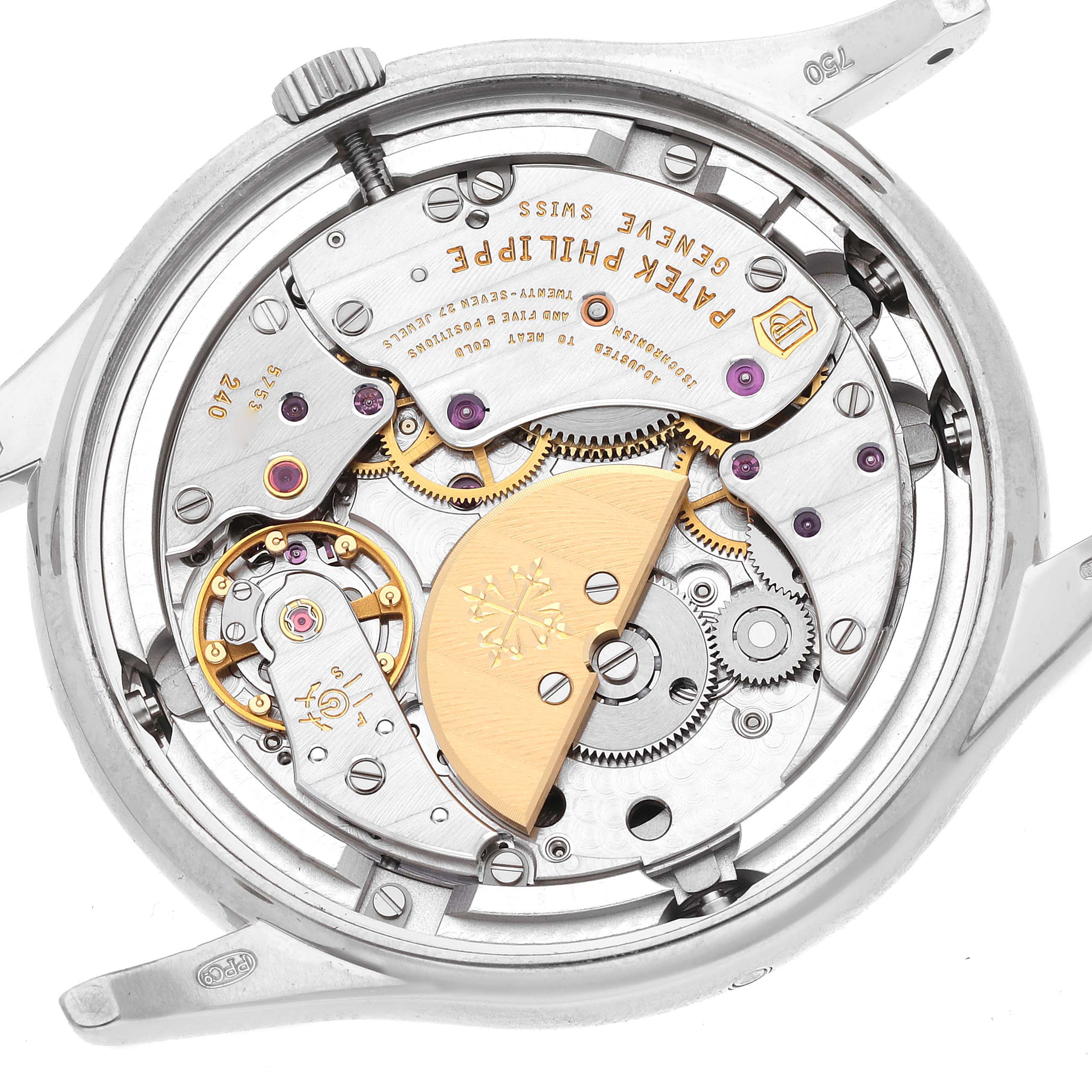 The image shows the back view of a Patek Philippe Calatrava 5140G-001 Men's Stainless Steel Silver Dial 5140G-001 Men's Stainless Steel Silver Dial, highlighting the watch's intricate movement and mechanisms.