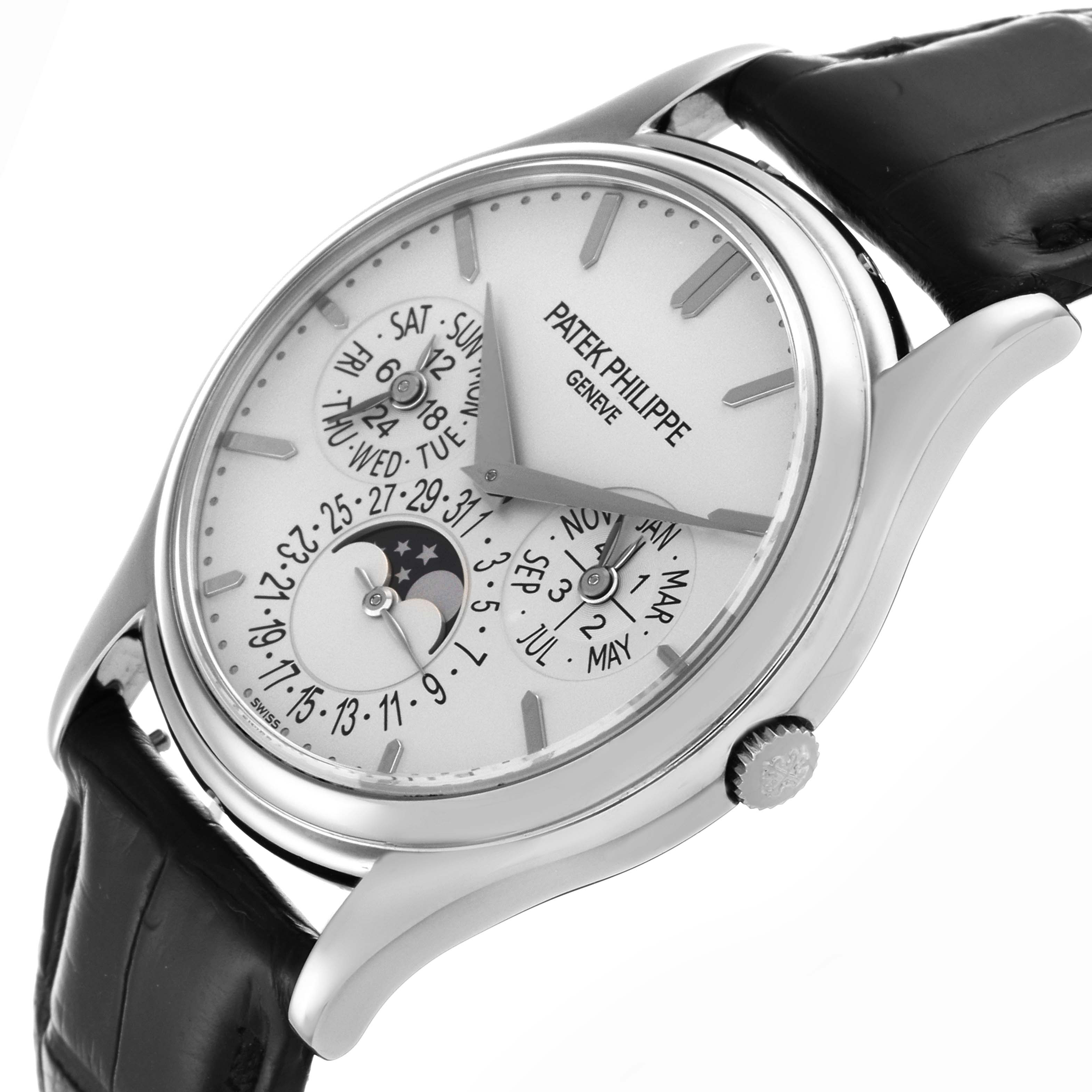 The Patek Philippe Calatrava 5140G-001 Men's Stainless Steel Silver Dial 5140G-001 Men's Stainless Steel Silver Dial watch is shown at a three-quarter angle, highlighting the case, dial, crown, and leather strap.