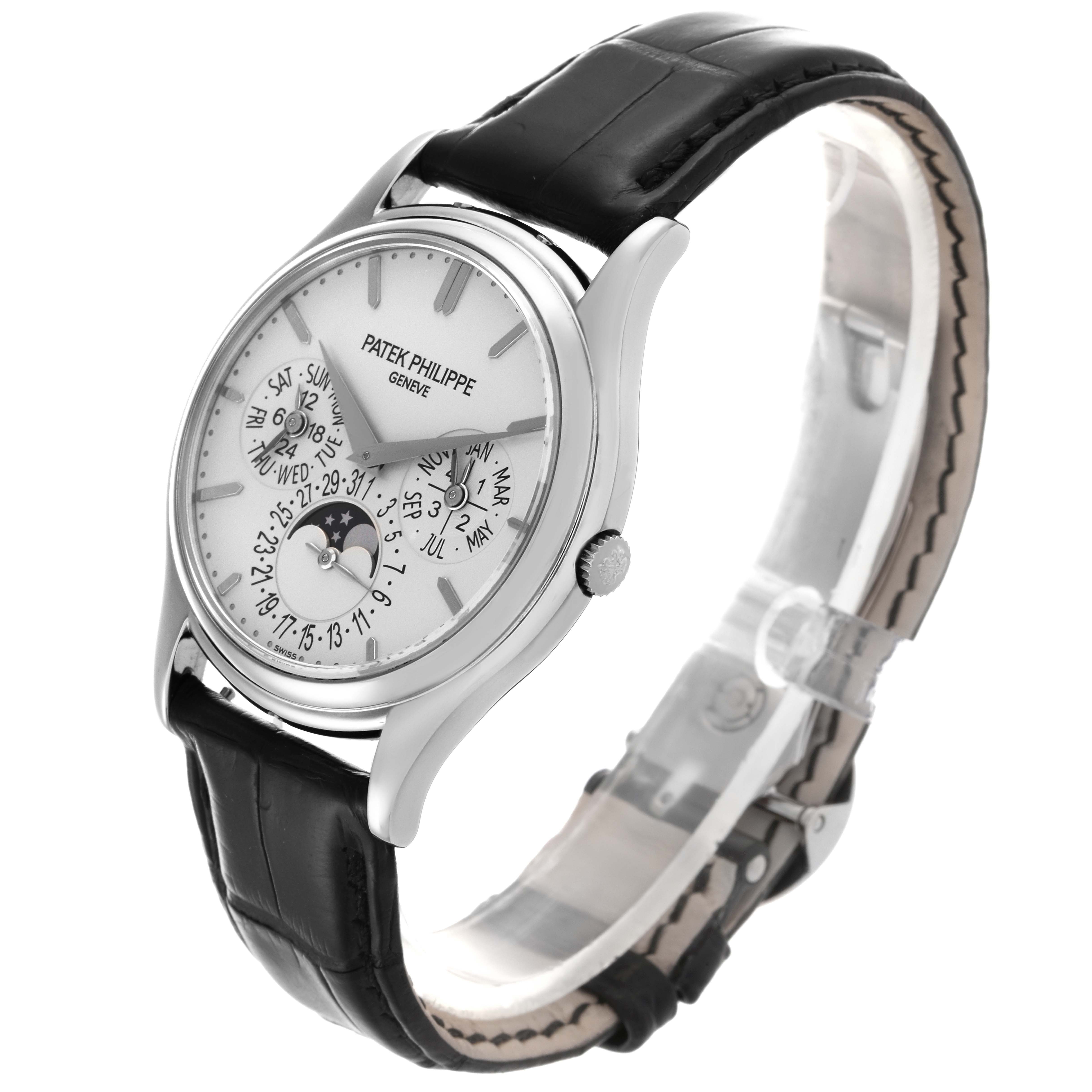 The Patek Philippe Calatrava 5140G-001 Men's Stainless Steel Silver Dial 5140G-001 Men's Stainless Steel Silver Dial watch is shown at a three-quarter angle, highlighting the face, crown, and black leather strap.