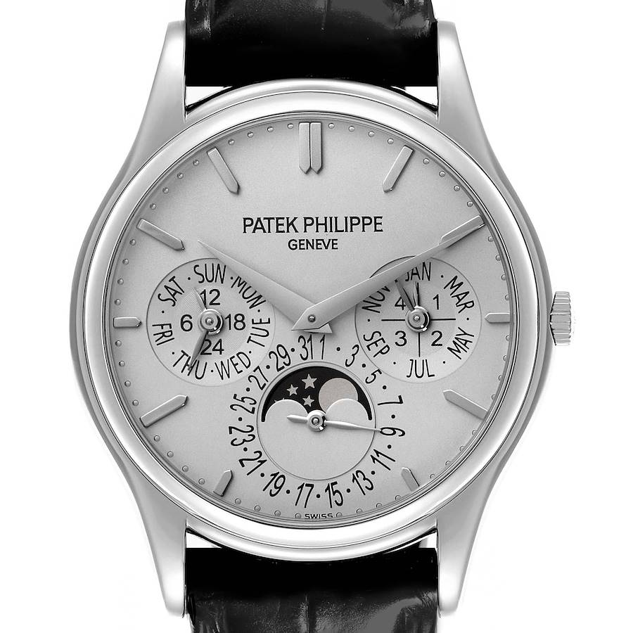 The Patek Philippe Calatrava watch is shown from the front, displaying its dial, calendar, and moon phase functions.