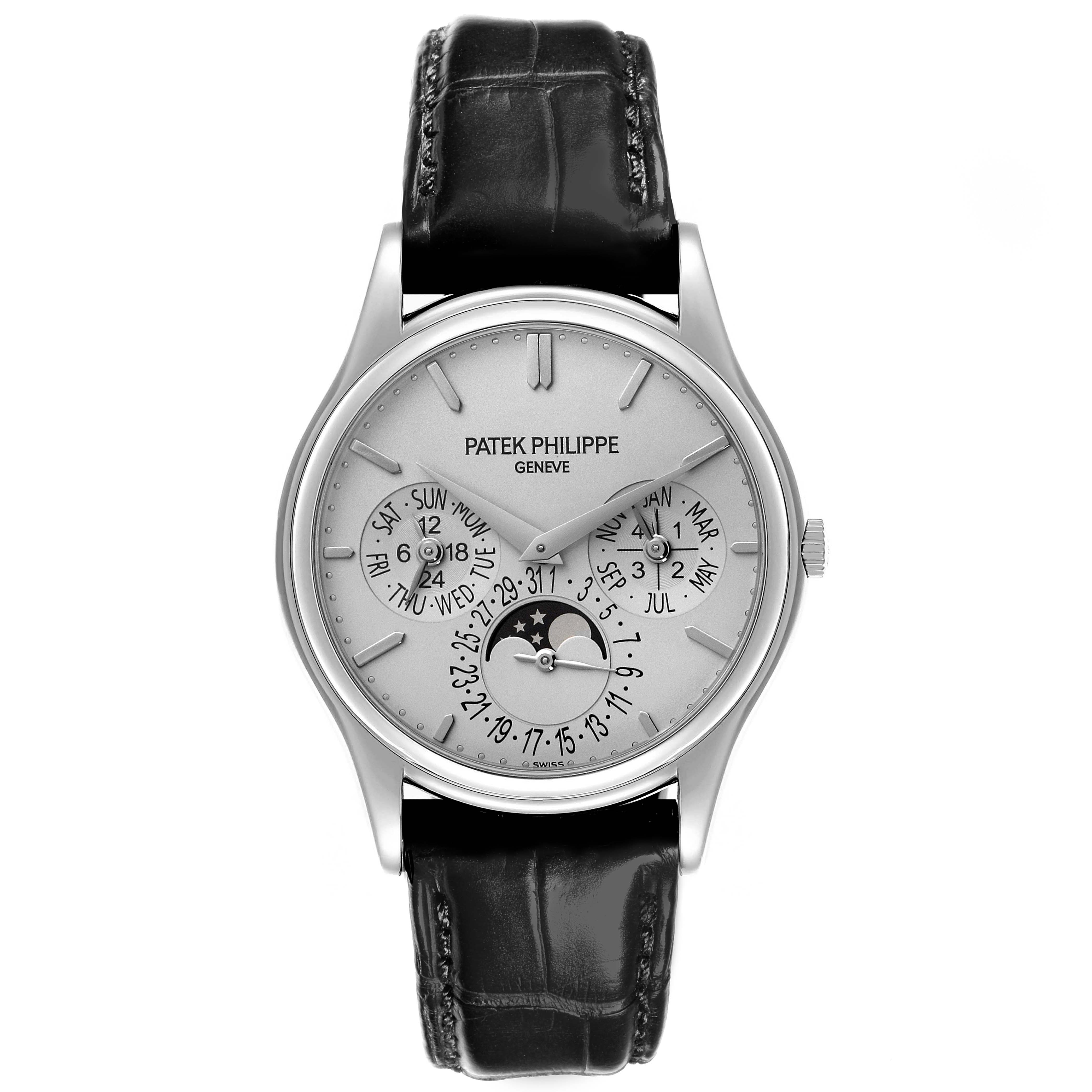 The Patek Philippe Calatrava 5140G-001 Men's Stainless Steel Silver Dial 5140G-001 Men's Stainless Steel Silver Dial watch is shown from a top view, featuring its dial with date, day, month, and moon phase indicators.
