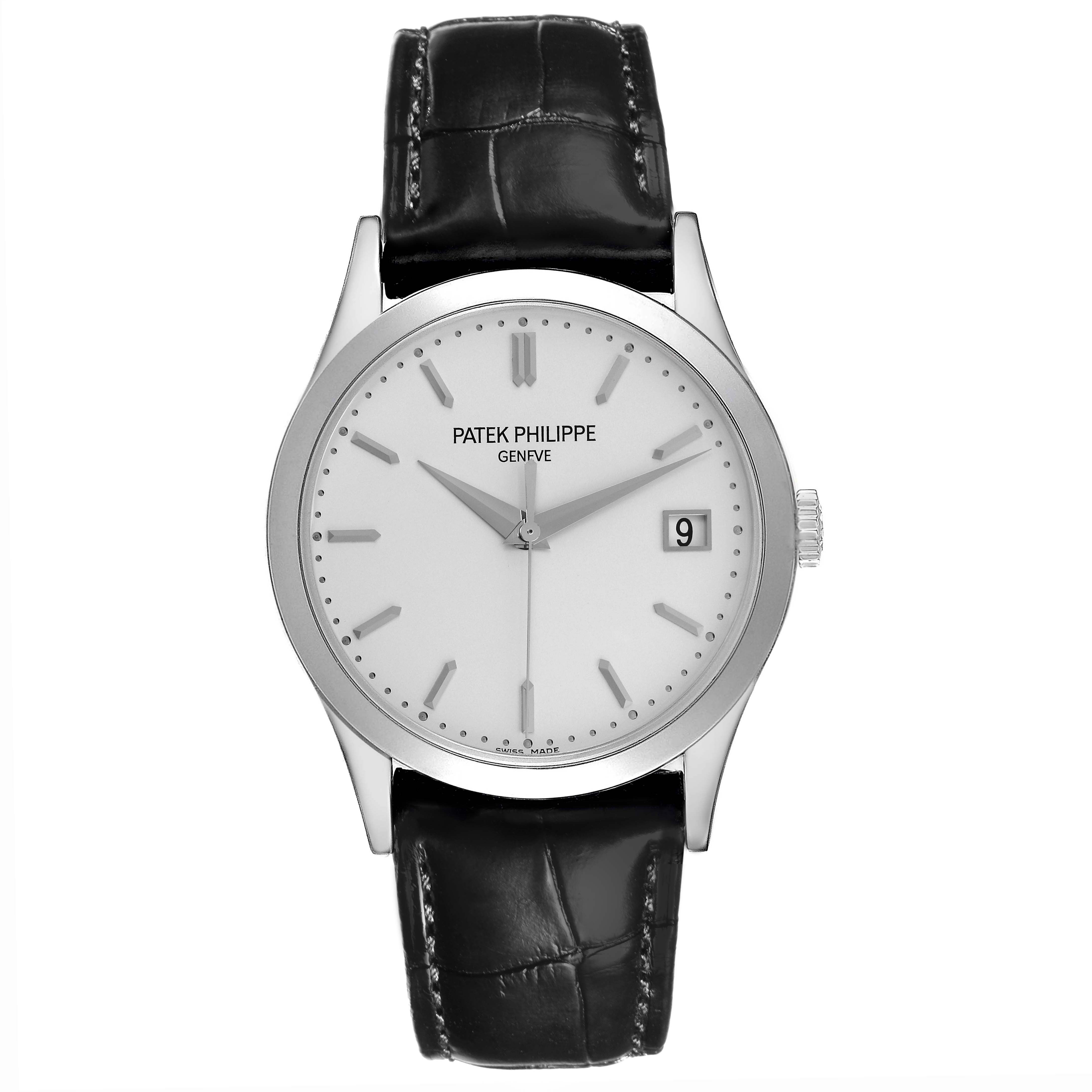 The Patek Philippe Calatrava 5296G-010 Men
s White Gold Silver Dial 5296G-010 Men
s White Gold Silver Dial watch is shown from a front angle, displaying its face, black leather strap, and crown.