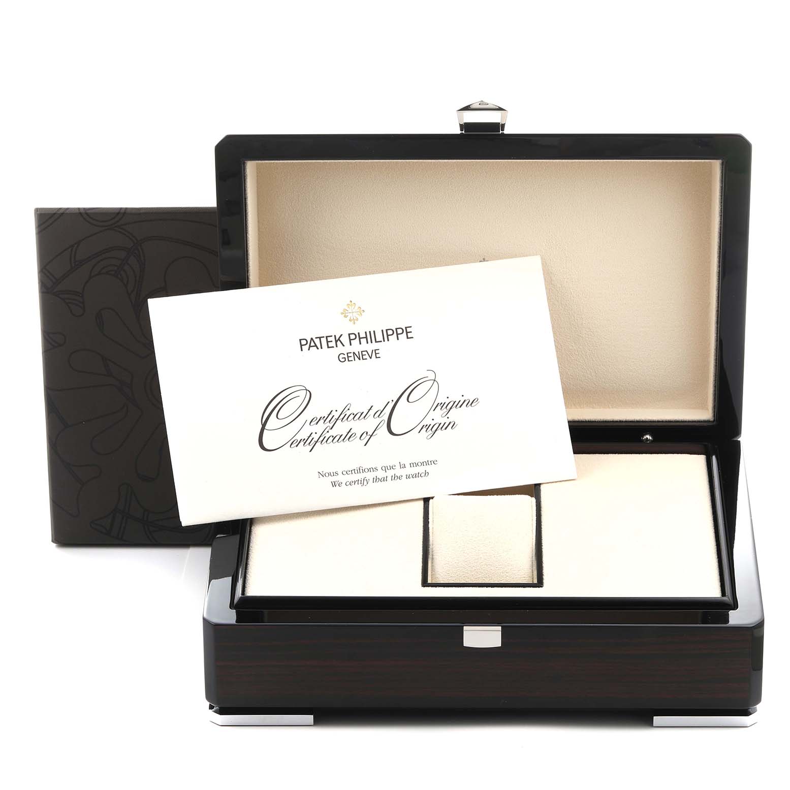 The image shows the open case of a Patek Philippe Calatrava 5296G-010 Men
s White Gold Silver Dial 5296G-010 Men
s White Gold Silver Dial watch, accompanied by its Certificate of Origin.