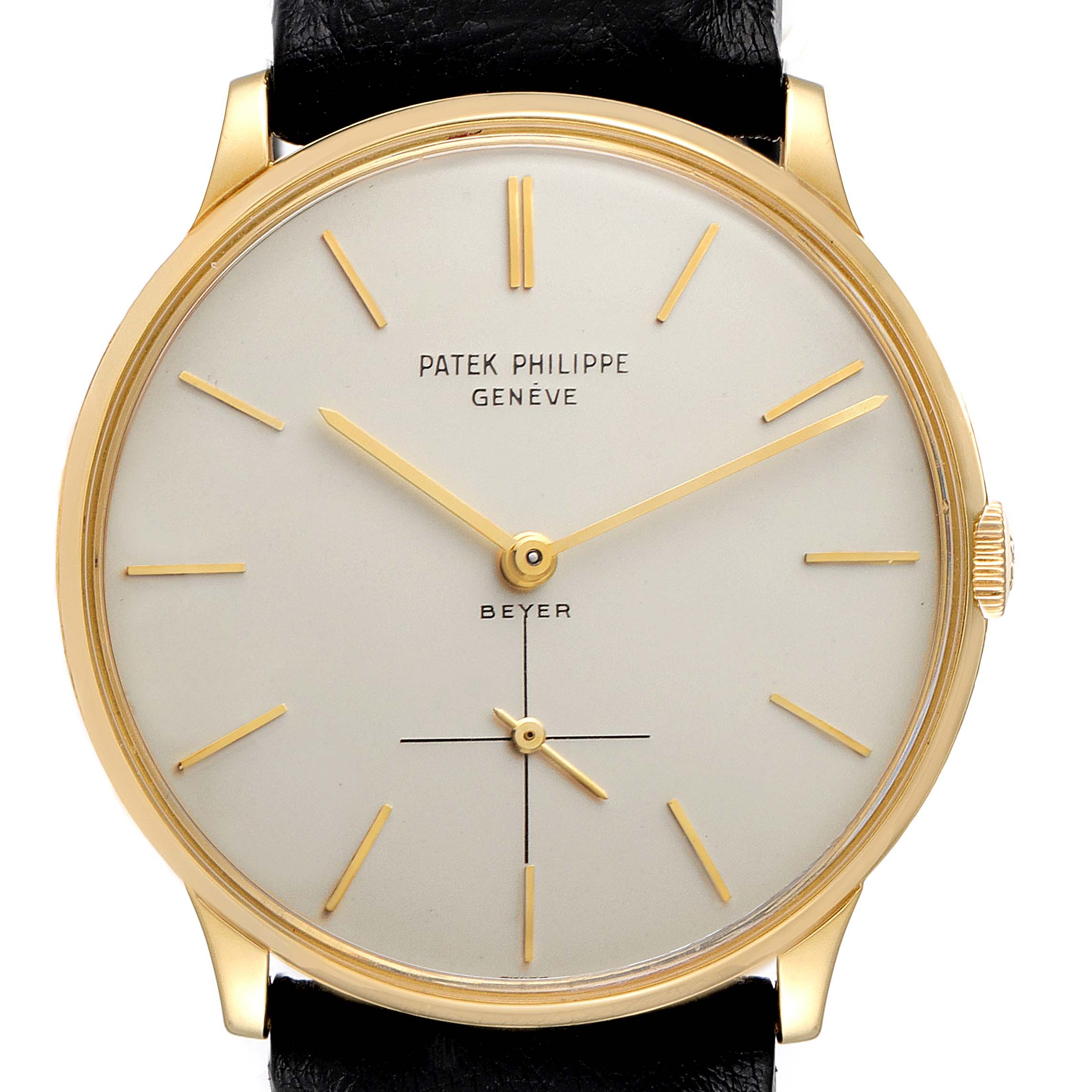 This image shows a front view of the Patek Philippe Calatrava 2573J Men's Yellow Gold Silver Dial 2573J Men's Yellow Gold Silver Dial watch, highlighting its dial, hands, and crown.