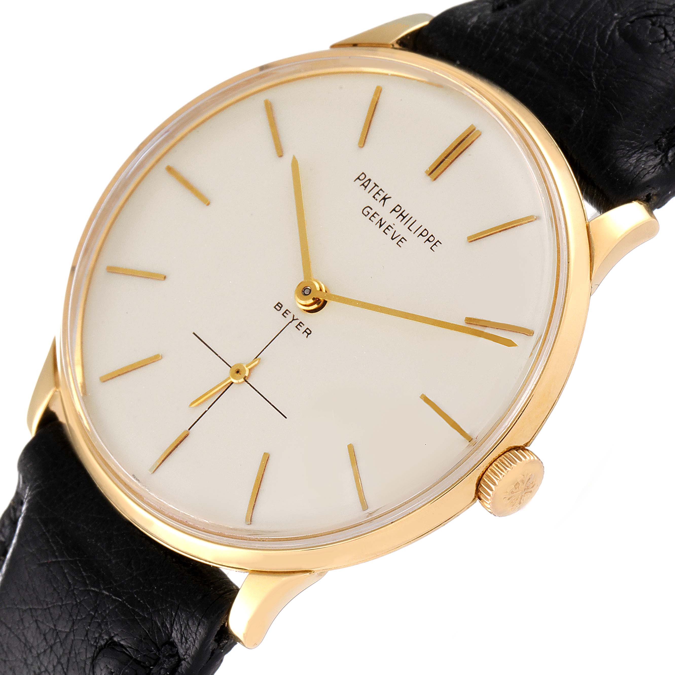 This image shows a Patek Philippe Vintage watch at a slight angle, highlighting its dial, hands, crown, and black strap.