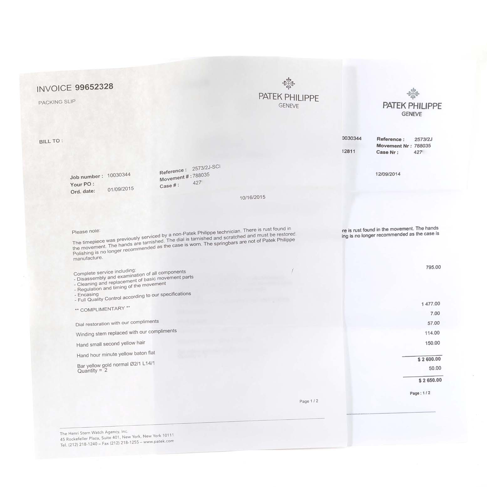 The image shows an invoice and service receipt for a Vintage model Patek Philippe watch, listing various parts and services.