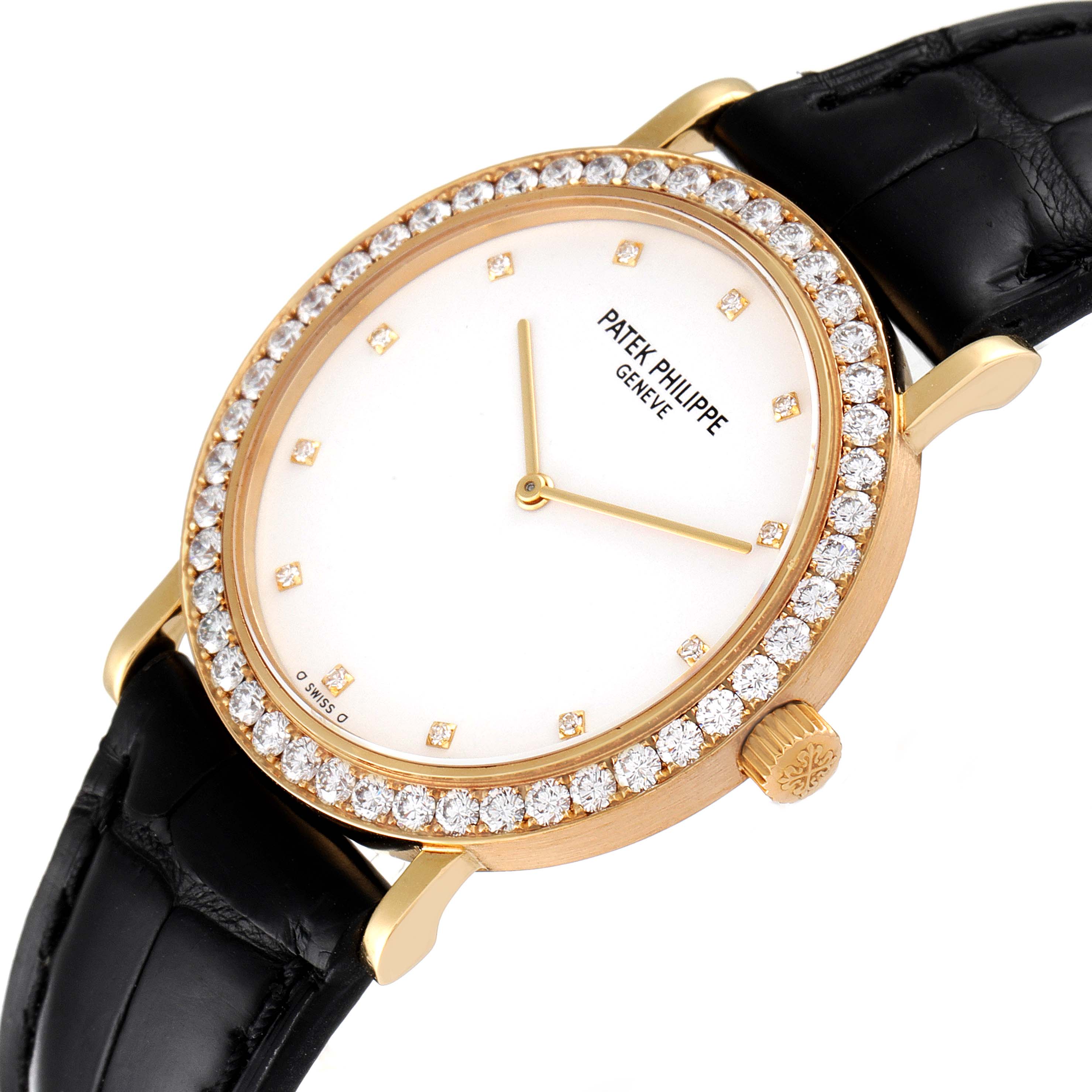 This image shows a close-up, angled view of the Patek Philippe Calatrava 5006J Men's Yellow Gold White Dial 5006J Men's Yellow Gold White Dial watch, highlighting the diamond bezel, dial, and black leather strap.