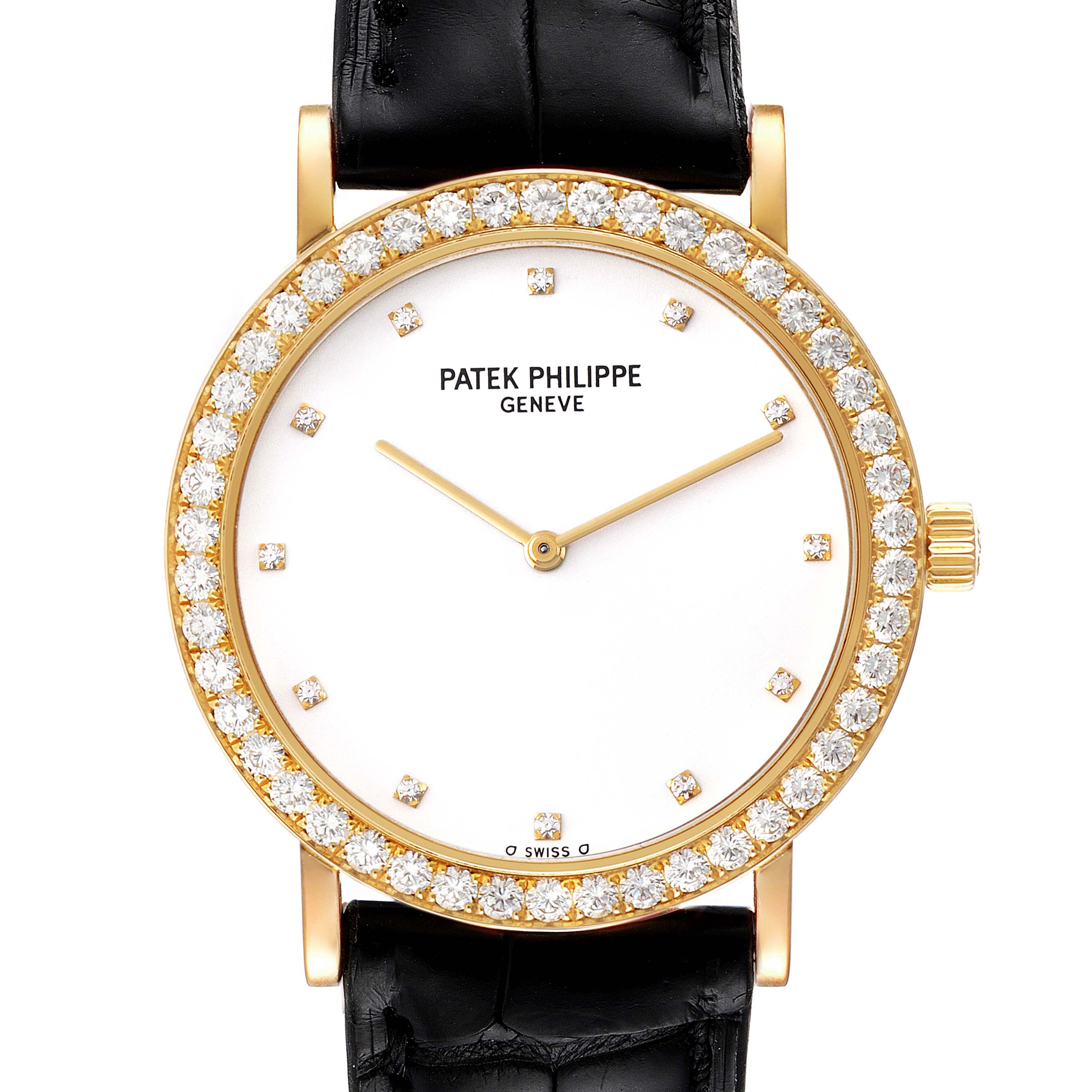 The Patek Philippe Calatrava 5006J Men's Yellow Gold White Dial 5006J Men's Yellow Gold White Dial watch is shown from the front, displaying its diamond-set bezel, white dial, and black leather strap.