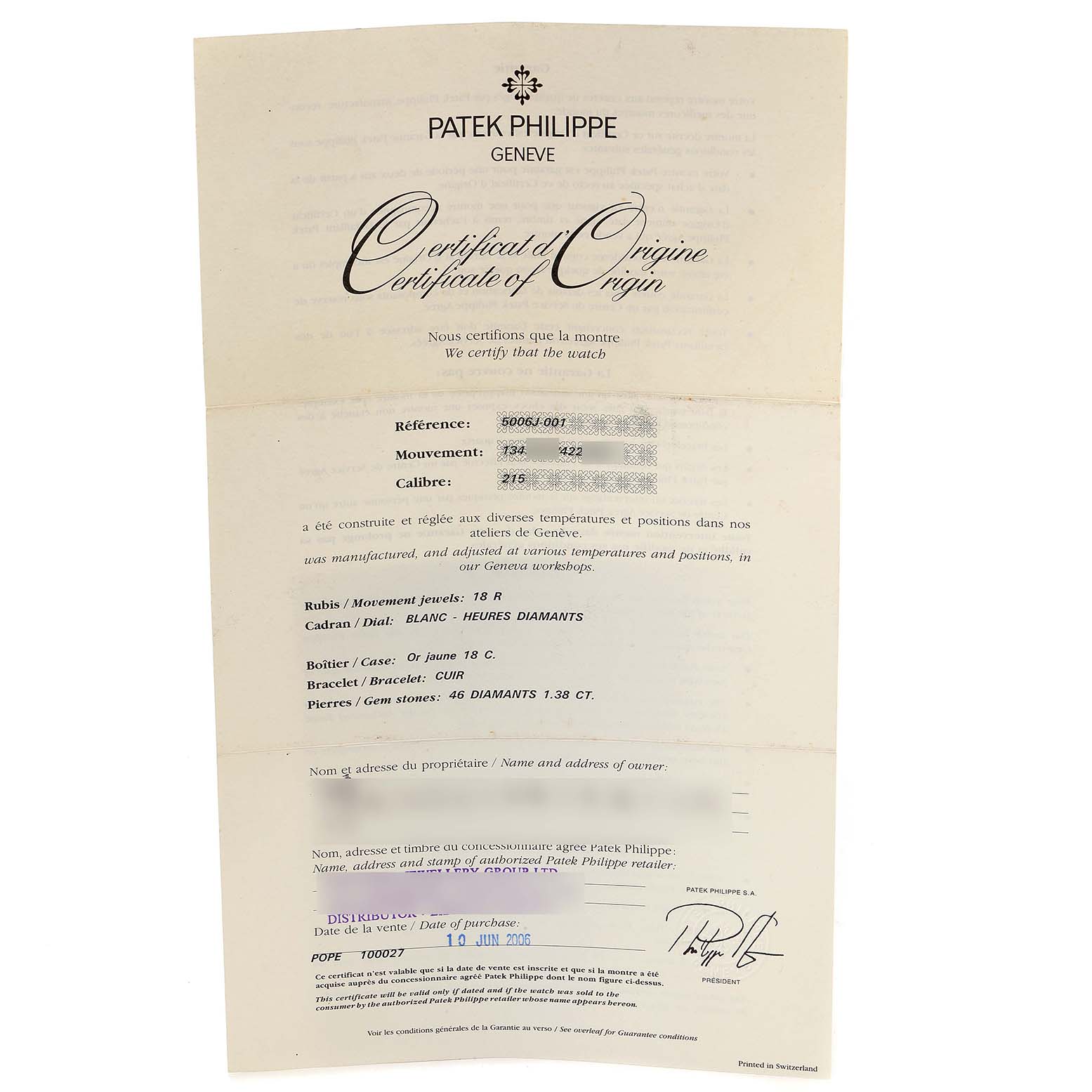 The image shows a Certificate of Origin for a Patek Philippe Calatrava 5006J Men's Yellow Gold White Dial 5006J Men's Yellow Gold White Dial model watch.