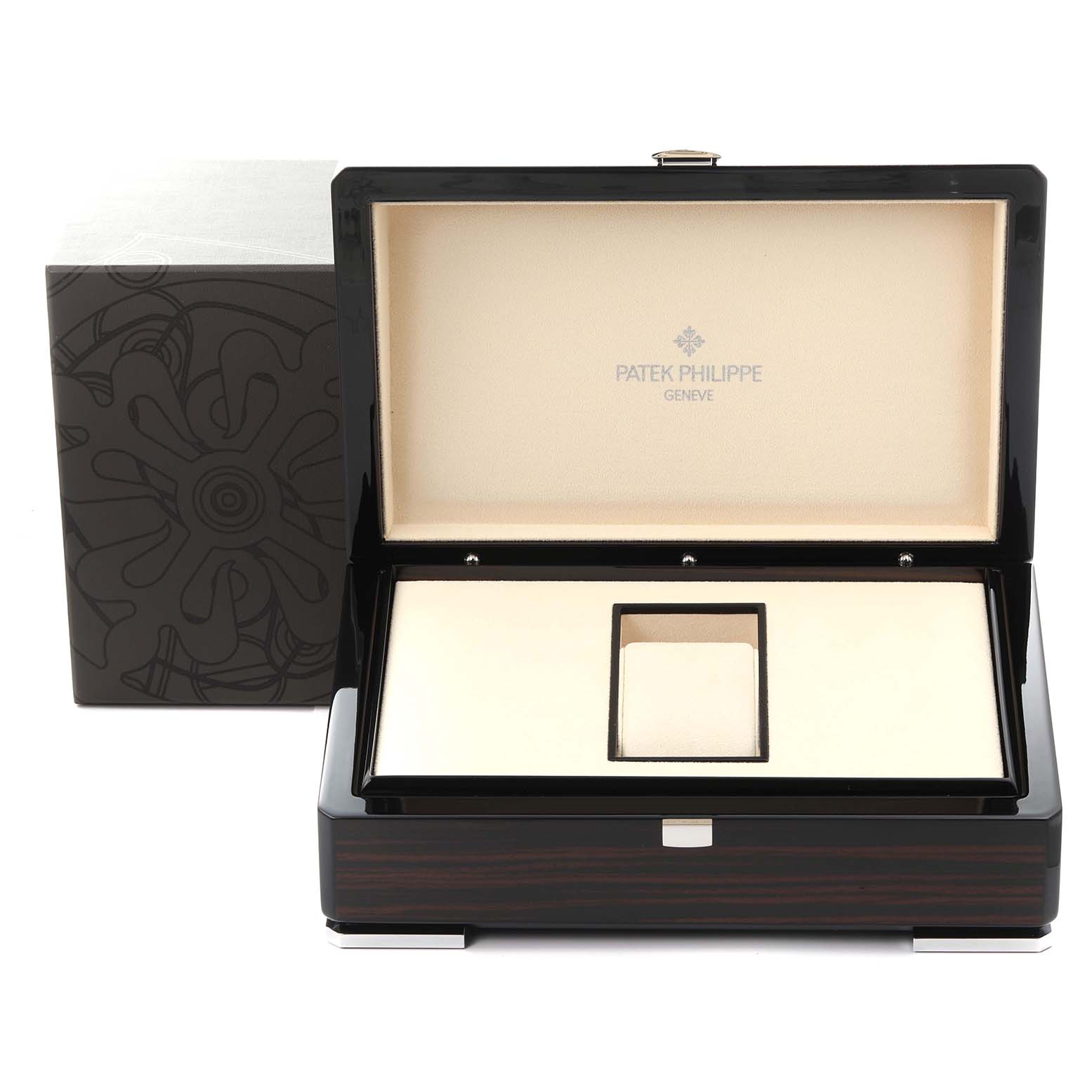 This image shows an open luxury watch box for the Patek Philippe Complications 5396G-011 Men
s White Gold Silver Dial 5396G-011 Men
s White Gold Silver Dial model, highlighting its interior and design.